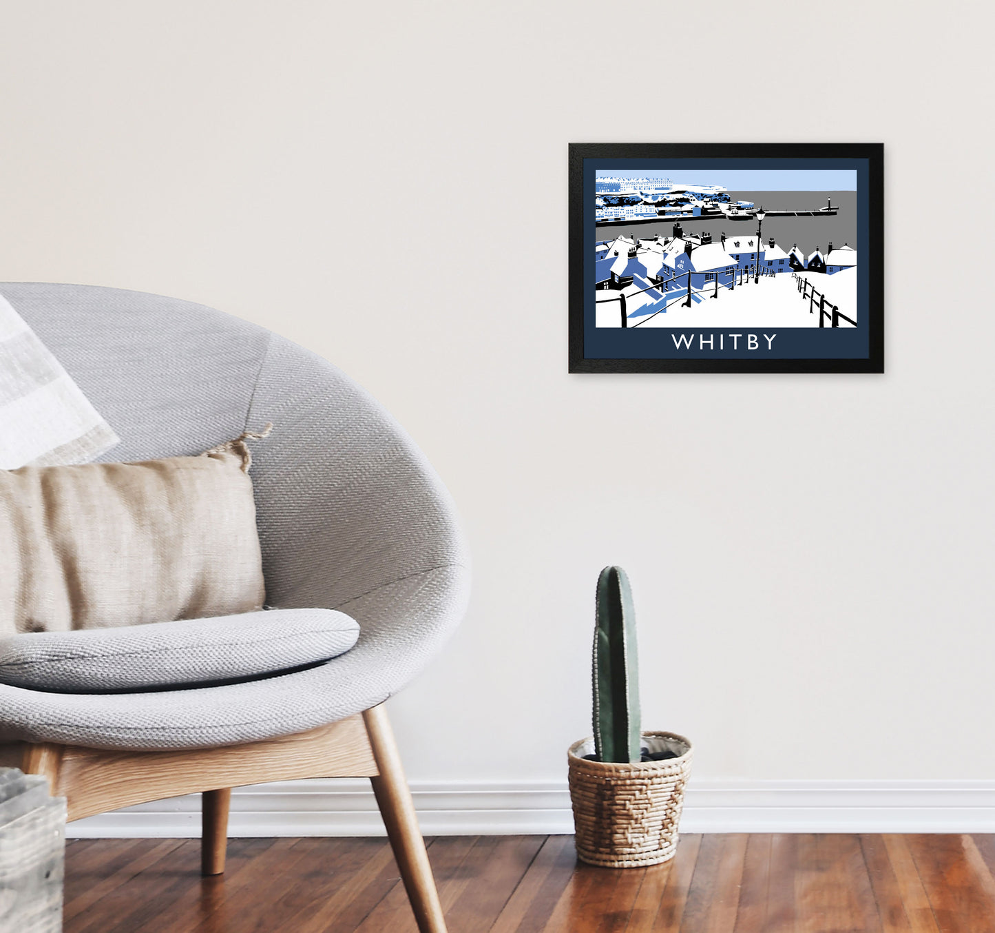 Whitby in Snow Travel Art Print by Richard O'Neill, Framed Wall Art A3 White Frame