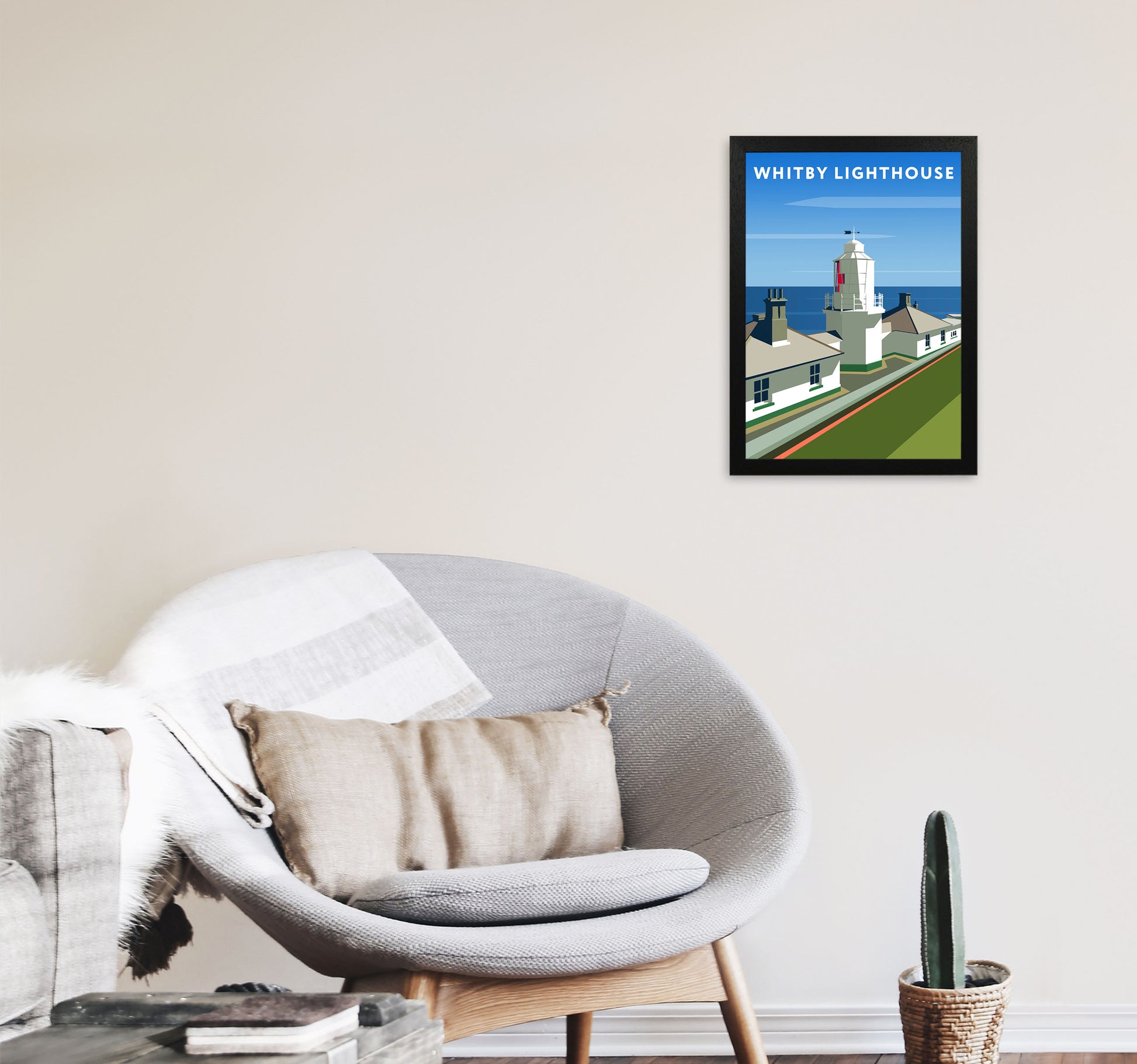 Whitby Lighthouse Travel Art Print by Richard O'Neill, Framed Wall Art A3 White Frame