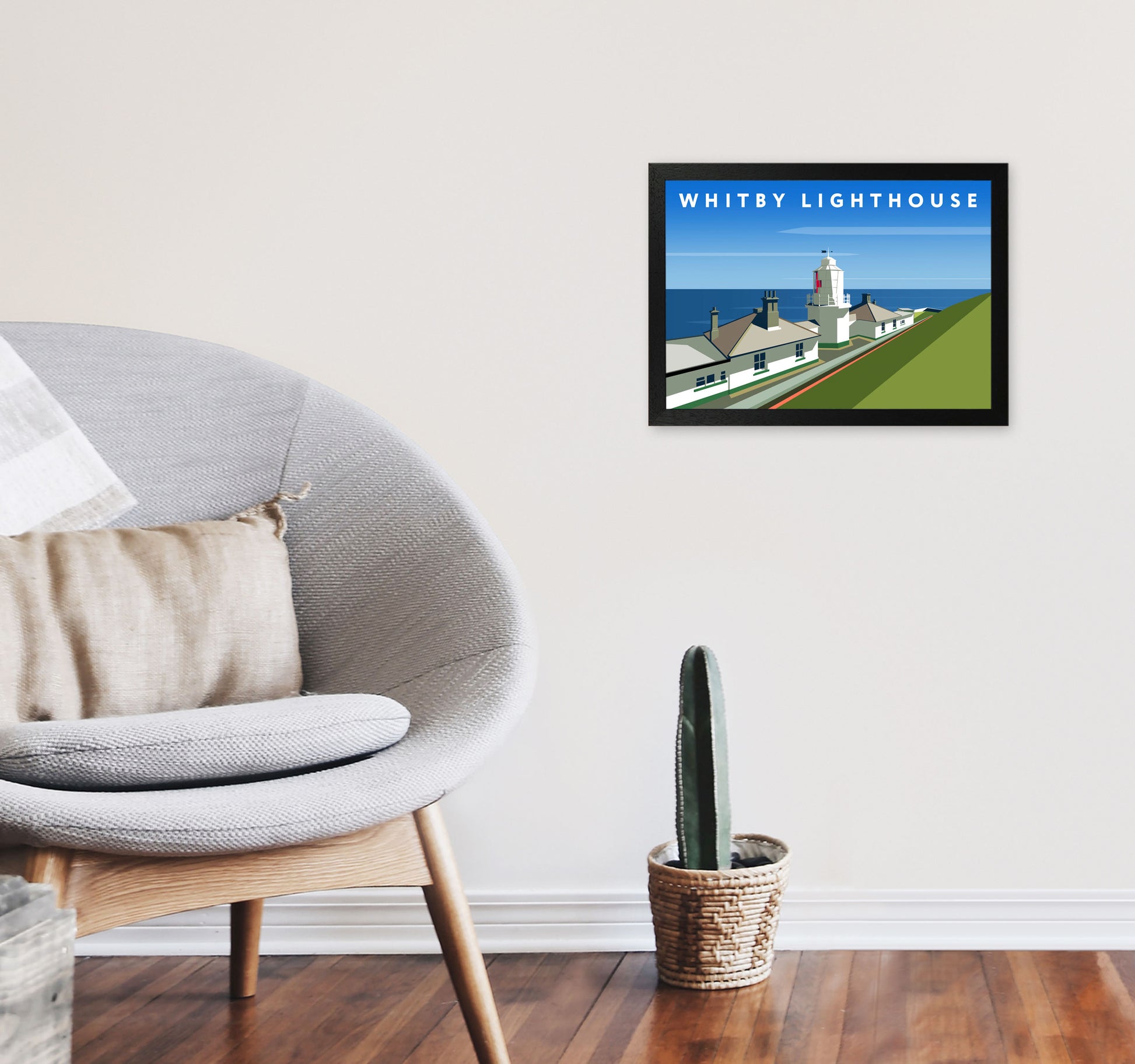 Whitby Lighthouse Digital Art Print by Richard O'Neill, Framed Wall Art A3 White Frame