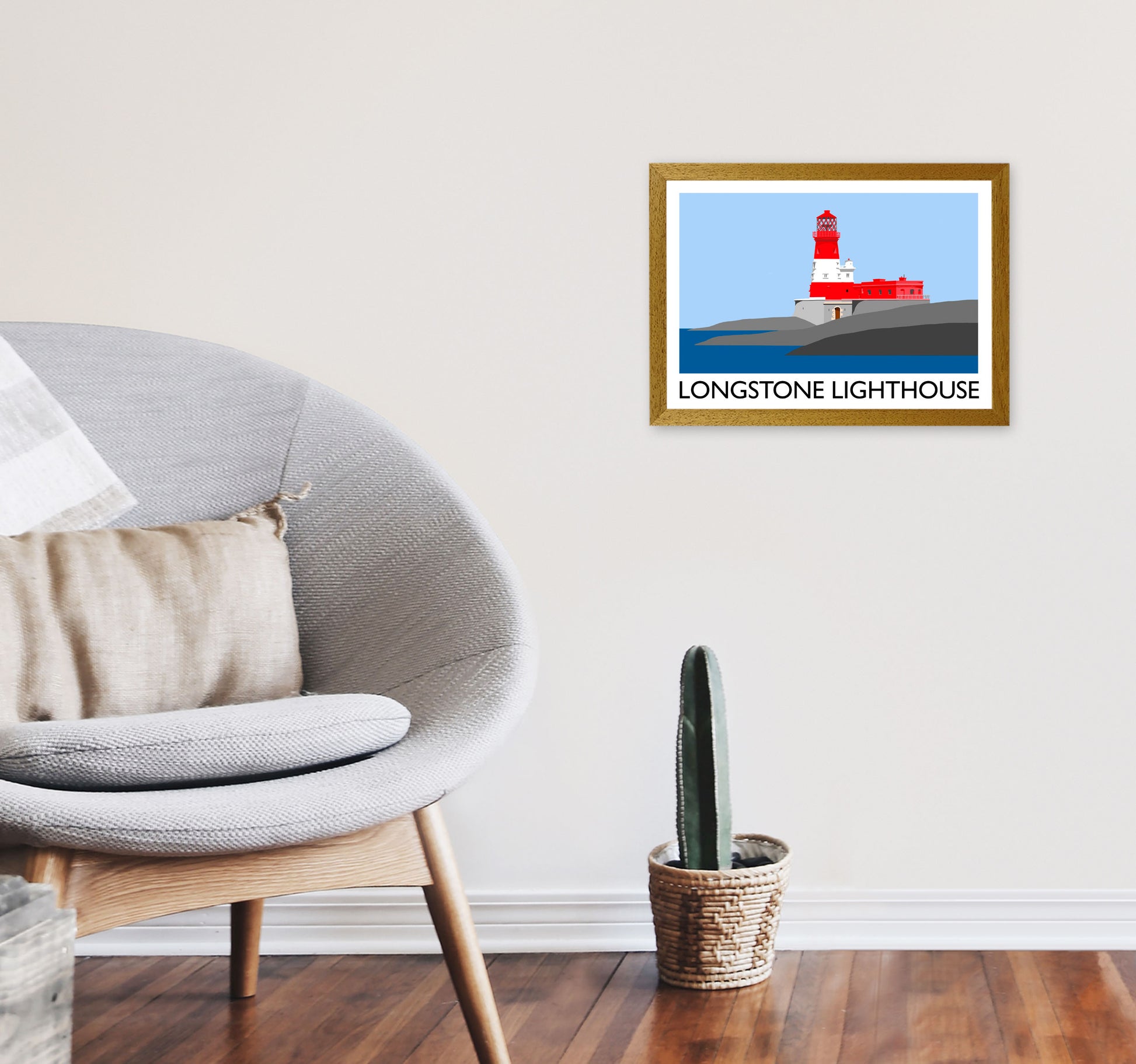 Longstone Lighthouse Travel Art Print by Richard O'Neill, Framed Wall Art A3 Print Only