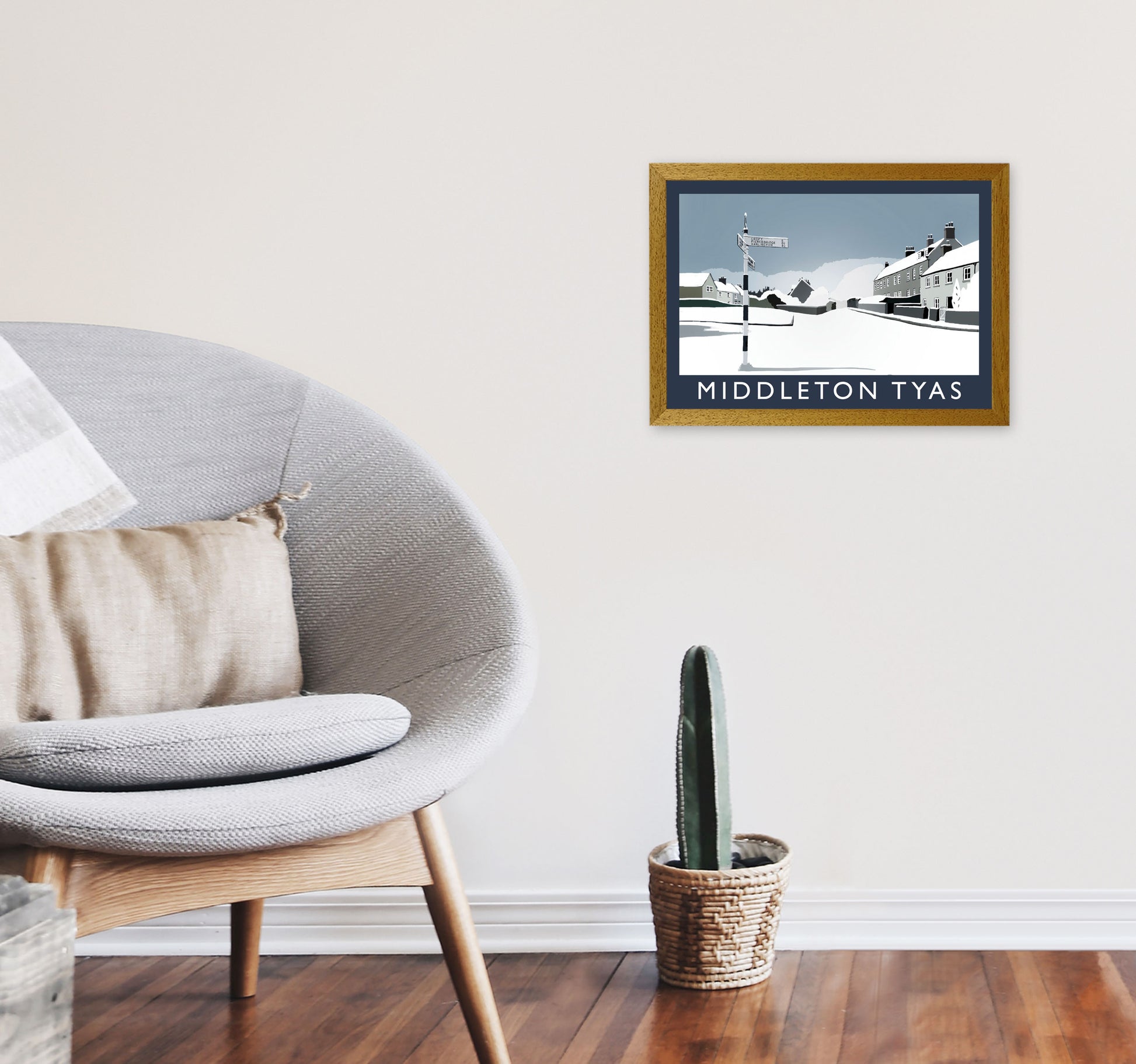 Middleton Tyas in Snow Travel Art Print by Richard O'Neill, Framed Wall Art A3 Print Only