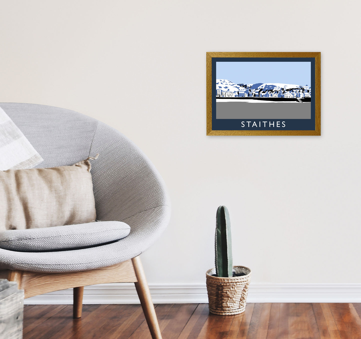 Staithes In Snow Travel Art Print by Richard O'Neill, Framed Wall Art A3 Print Only