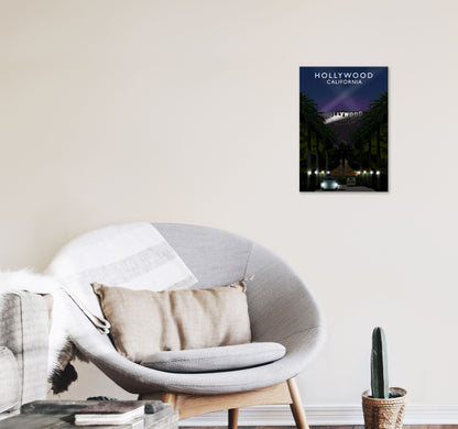 Hollywood Night California Travel Art Print by Richard O'Neill, Framed Wall Art A3 Black Frame