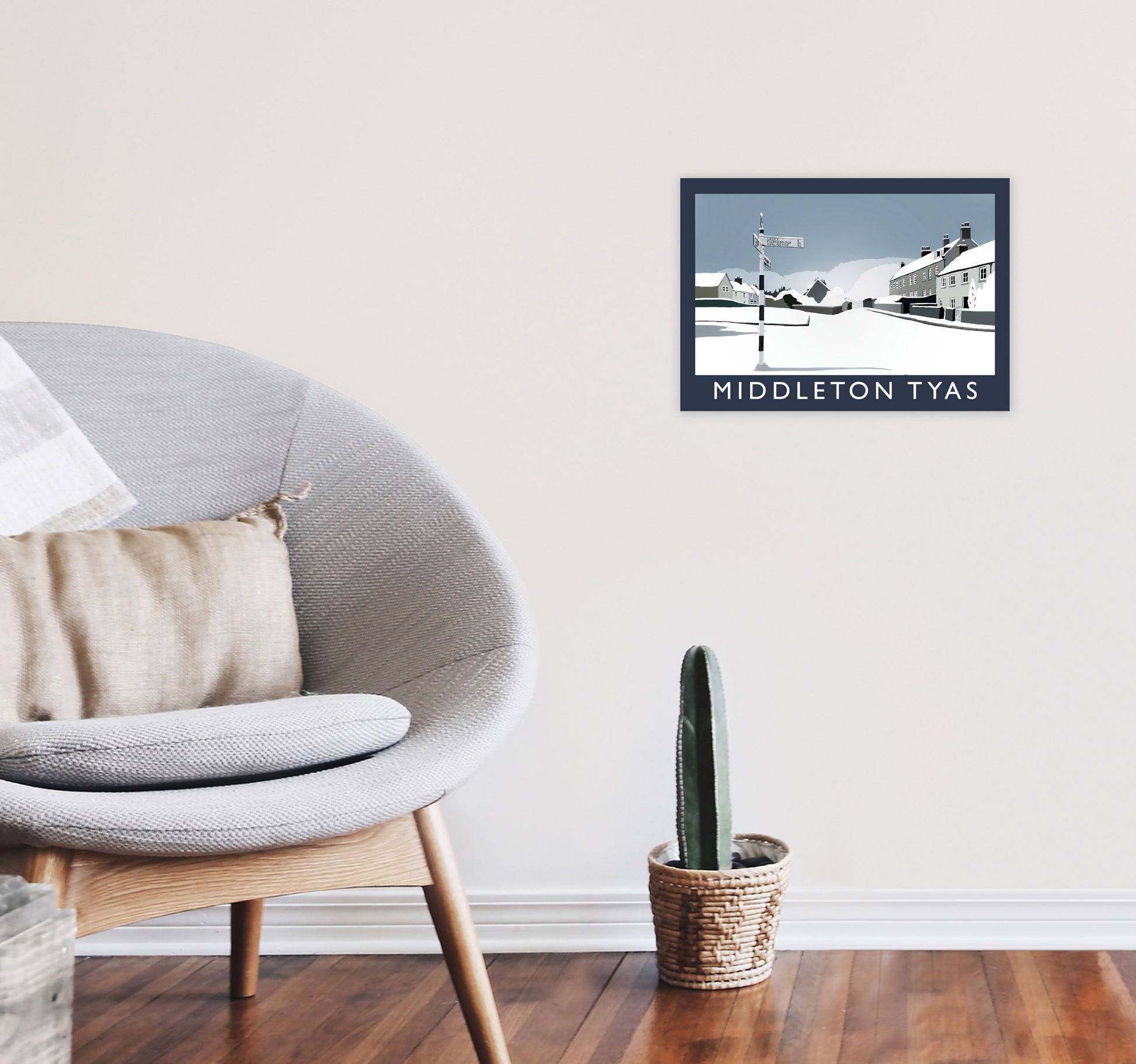 Middleton Tyas in Snow Travel Art Print by Richard O'Neill, Framed Wall Art A3 Black Frame