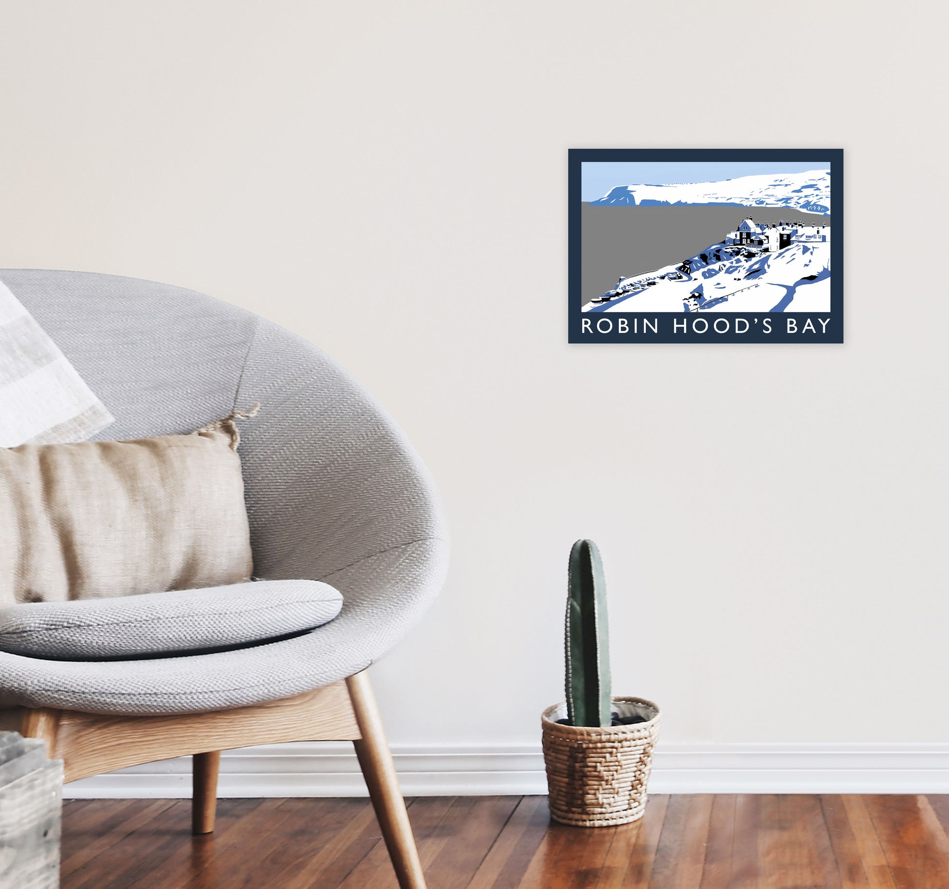 Robin Hood's Bay In Snow Travel Art Print by Richard O'Neill, Framed Wall Art A3 Black Frame