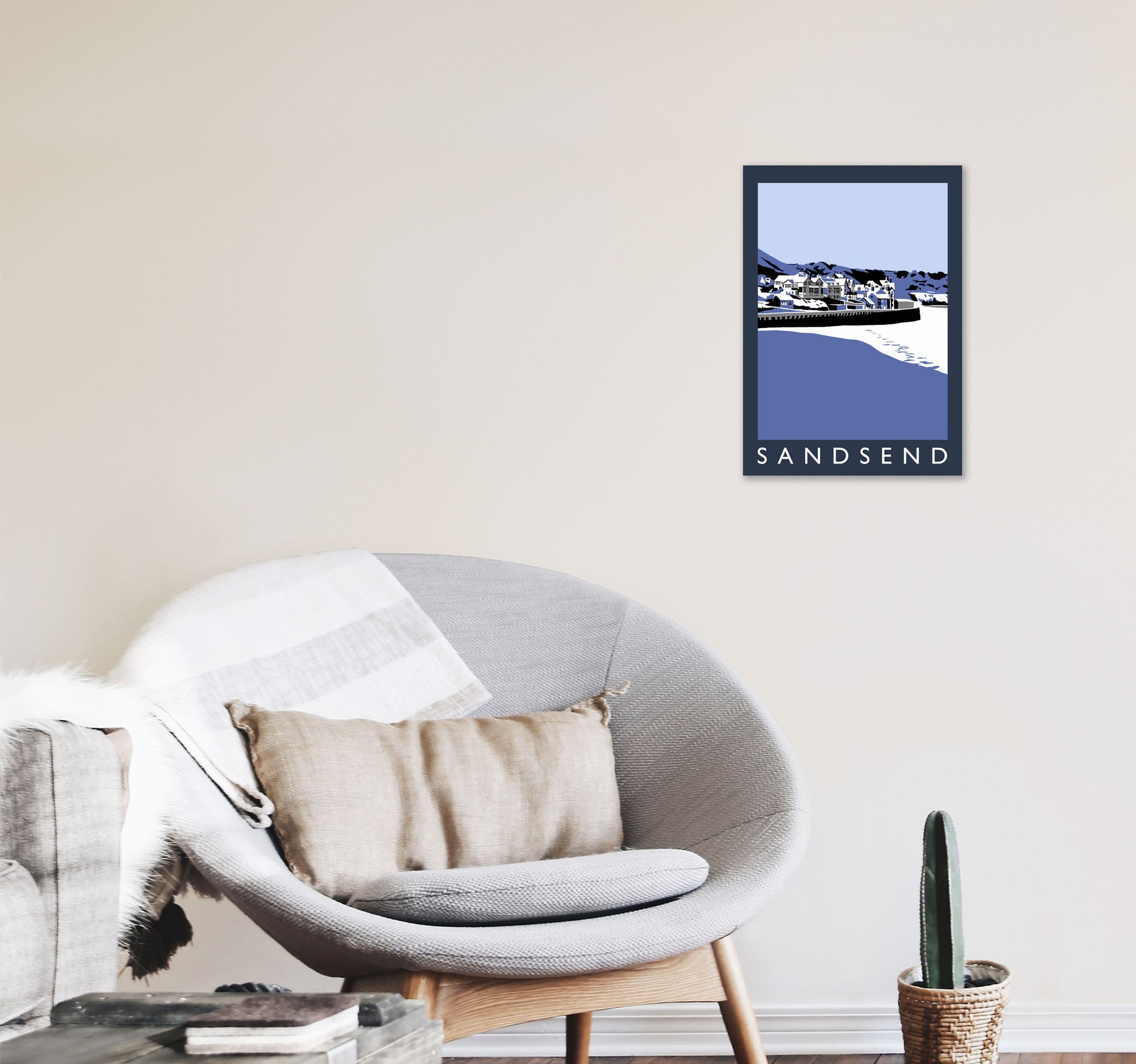 Sandsend In Snow PortraitTravel Art Print by Richard O'Neill, Framed Wall Art A3 Black Frame