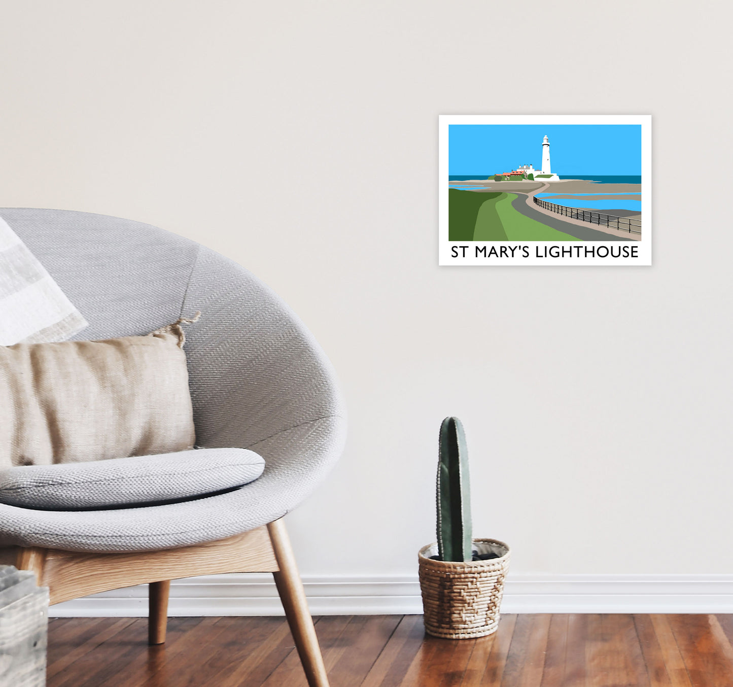 St Mary's Lighthouse Travel Art Print by Richard O'Neill A3 Black Frame