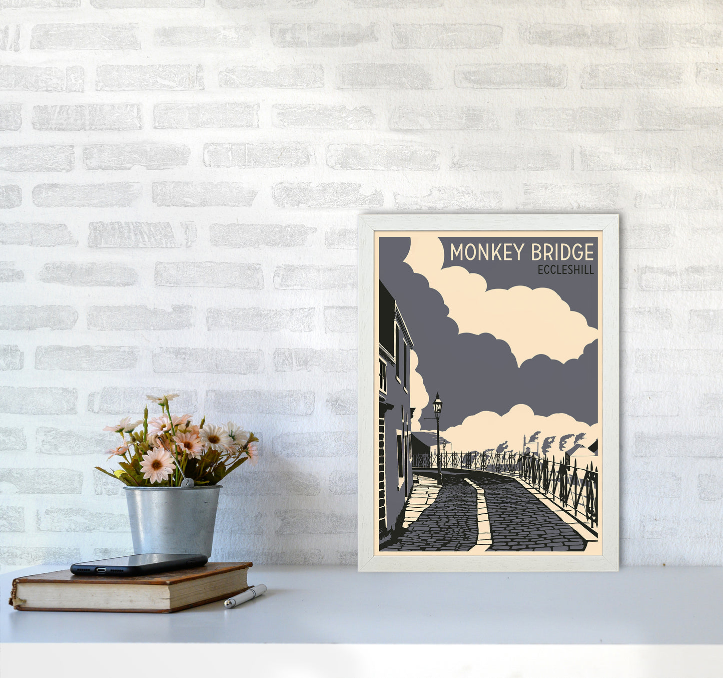 Monkey Bridge, Eccleshill Travel Art Print by Richard O'Neill A3 Oak Frame