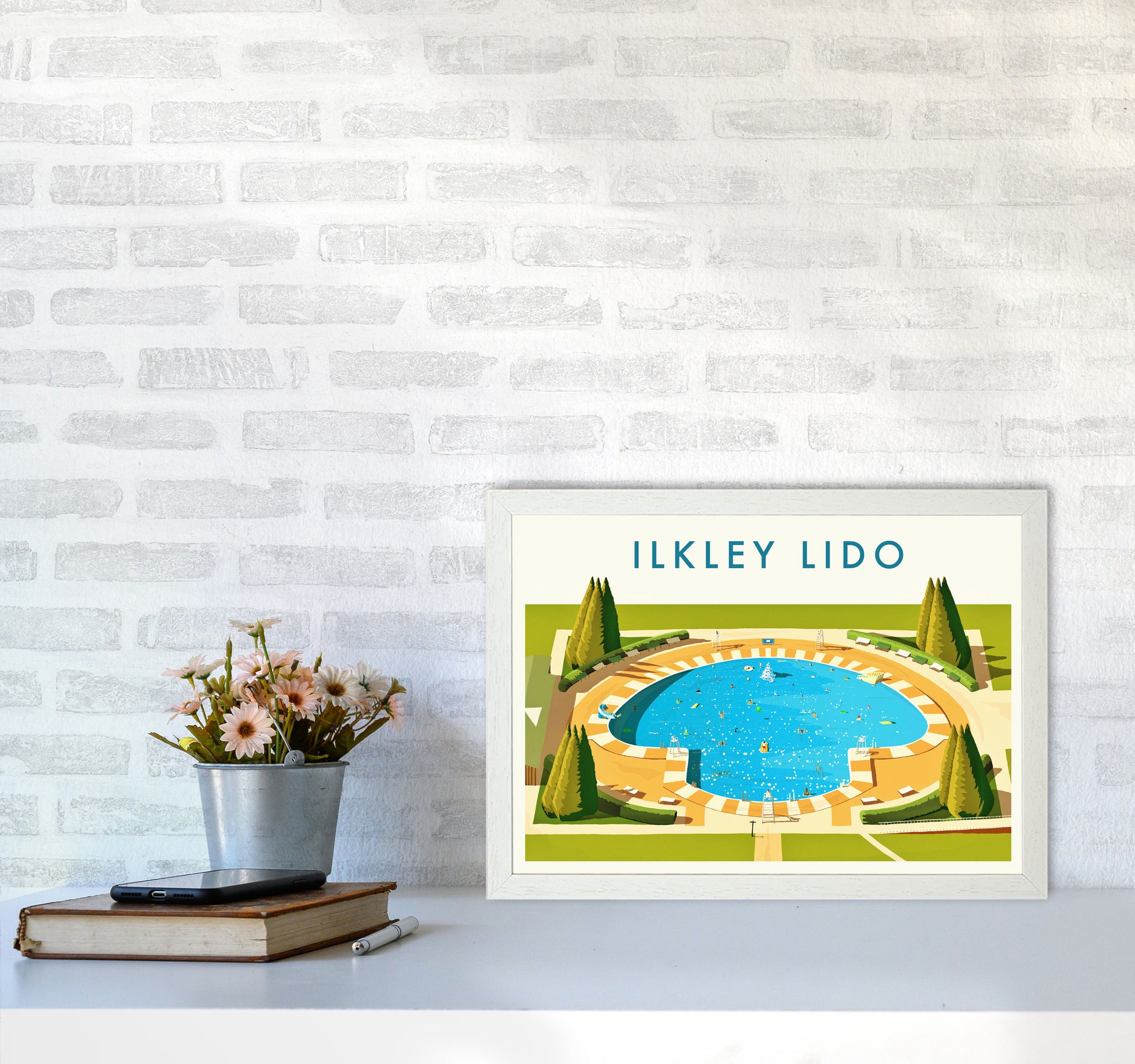 Ilkley Lido Travel Art Print by Richard O'Neill A3 Oak Frame