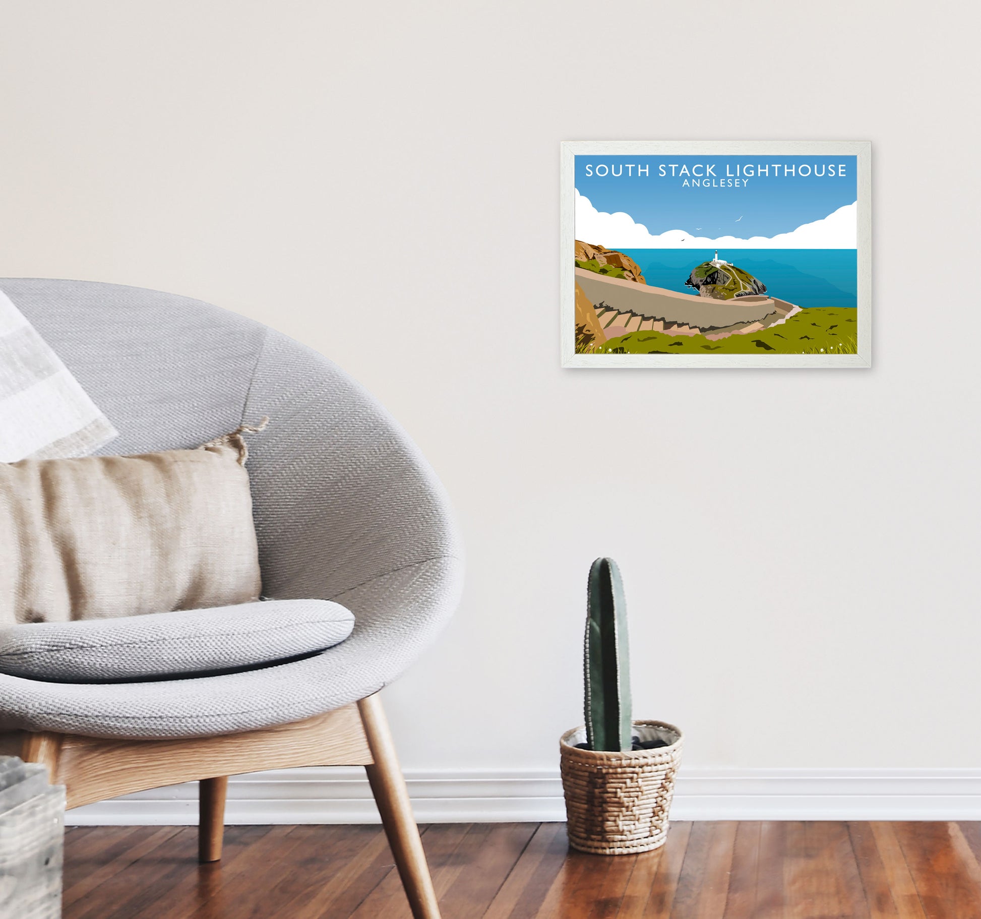 South Stack Lighthouse Anglesey Art Print by Richard O'Neill A3 Oak Frame