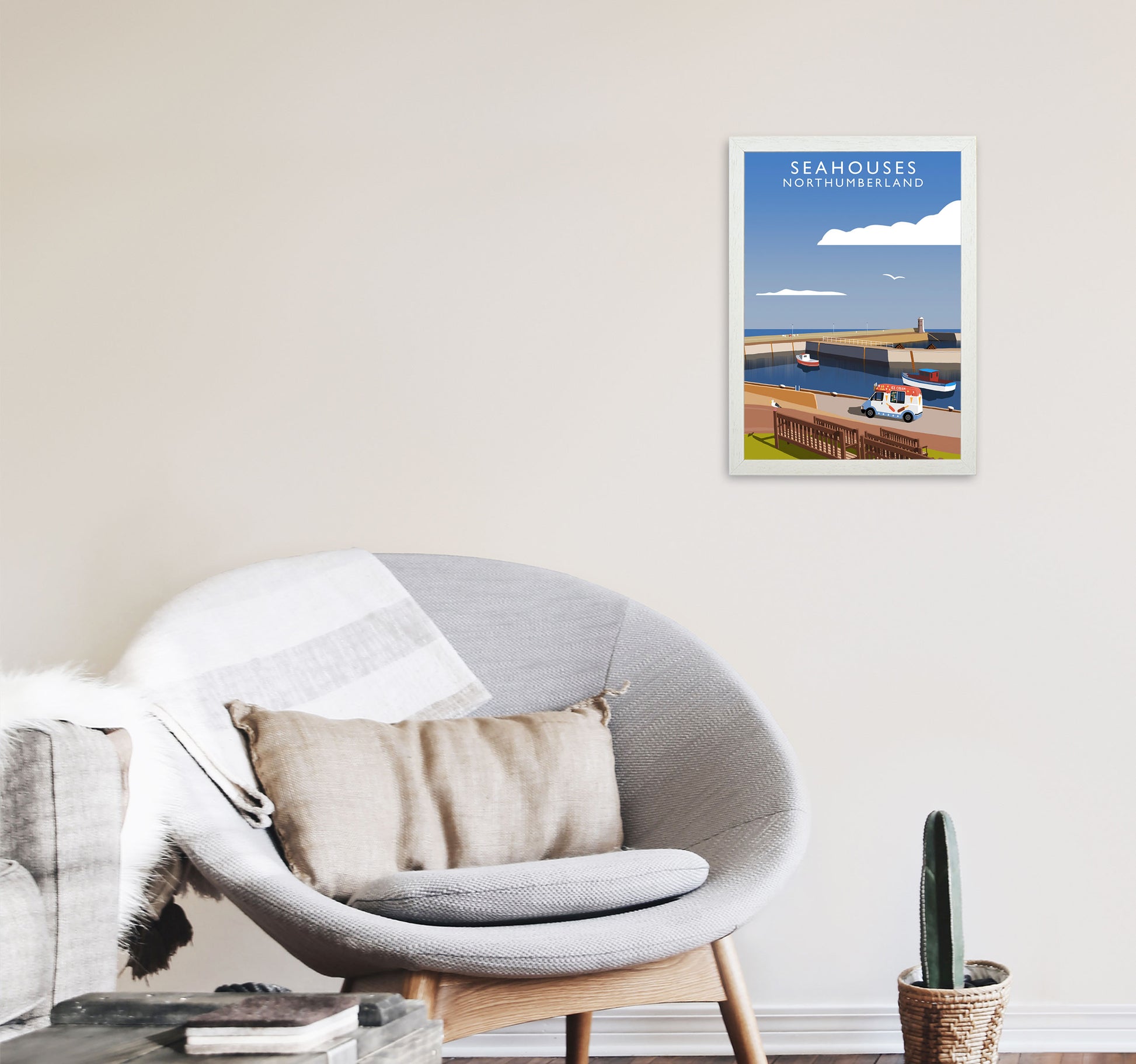 Seahouses (Portrait) by Richard O'Neill A3 Oak Frame