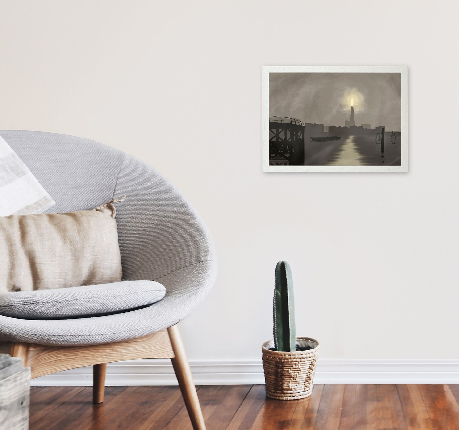 Shard In Fog Travel Art Print by Richard O'Neill, Framed Wall Art A3 Oak Frame