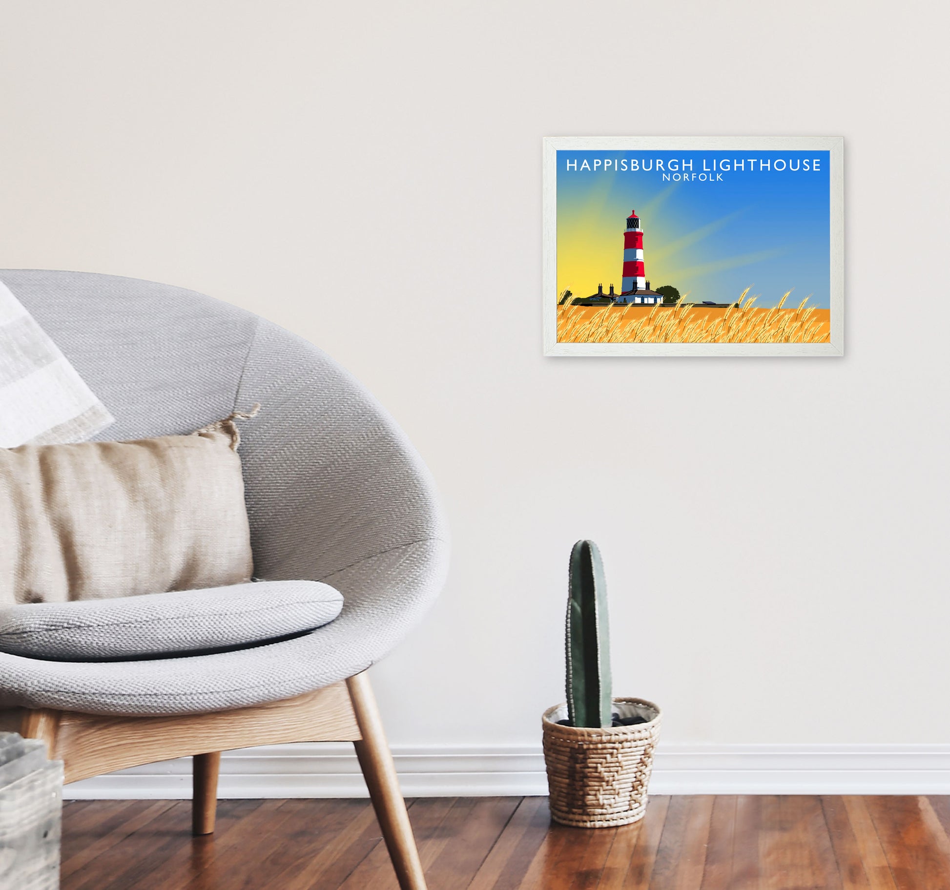 Hapisburgh Lighthouse Norfolk Art Print by Richard O'Neill, Framed Wall Art A3 Oak Frame