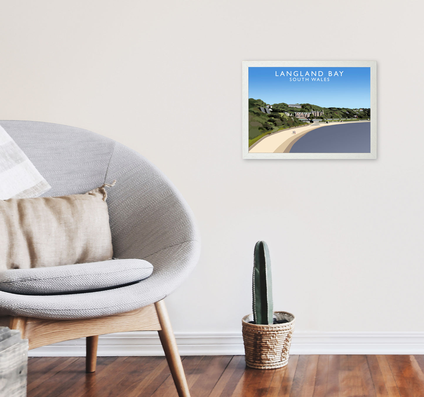 Langland Bay Travel Art Print by Richard O'Neill, Framed Wall Art A3 Oak Frame