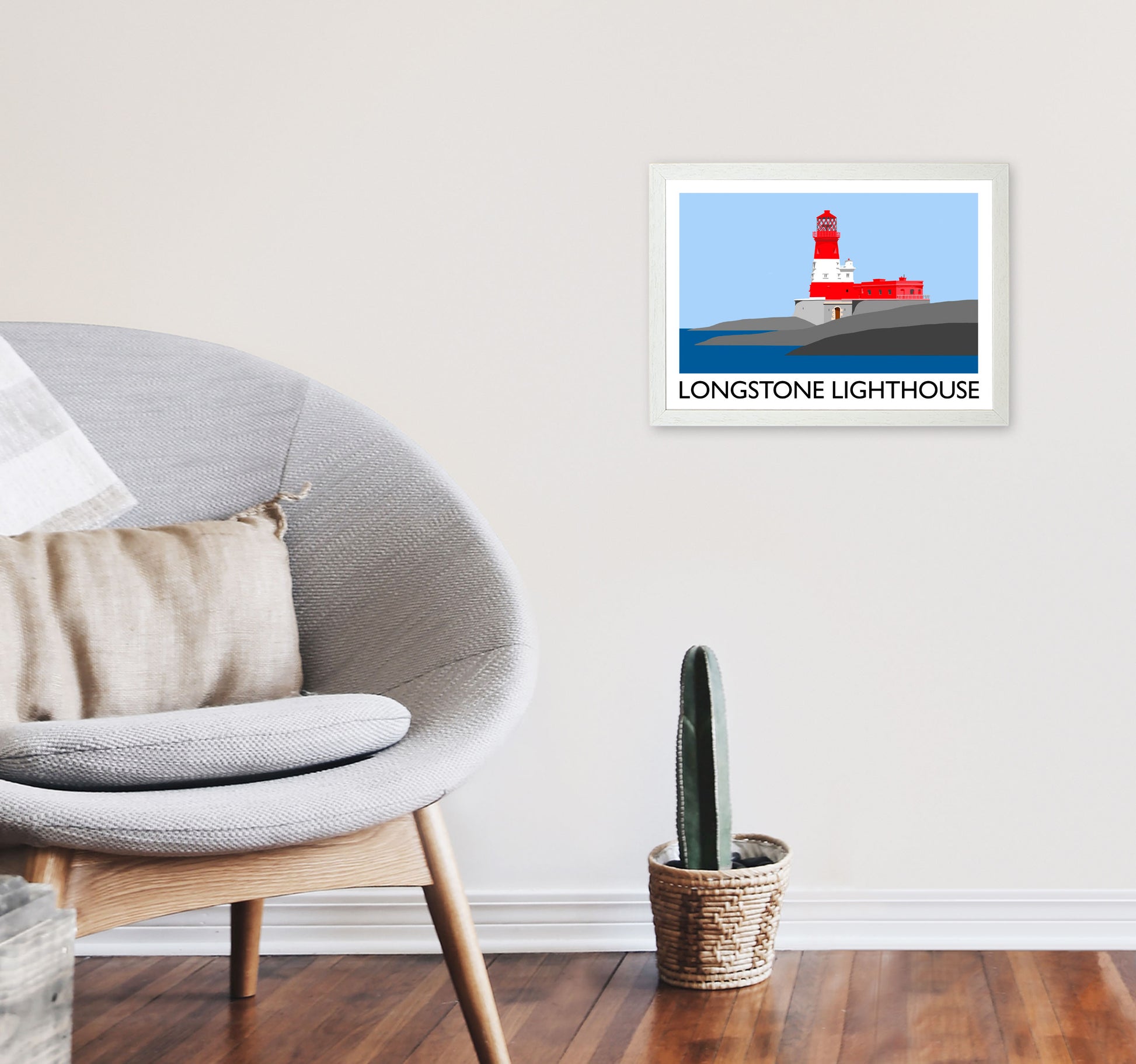 Longstone Lighthouse Travel Art Print by Richard O'Neill, Framed Wall Art A3 Oak Frame