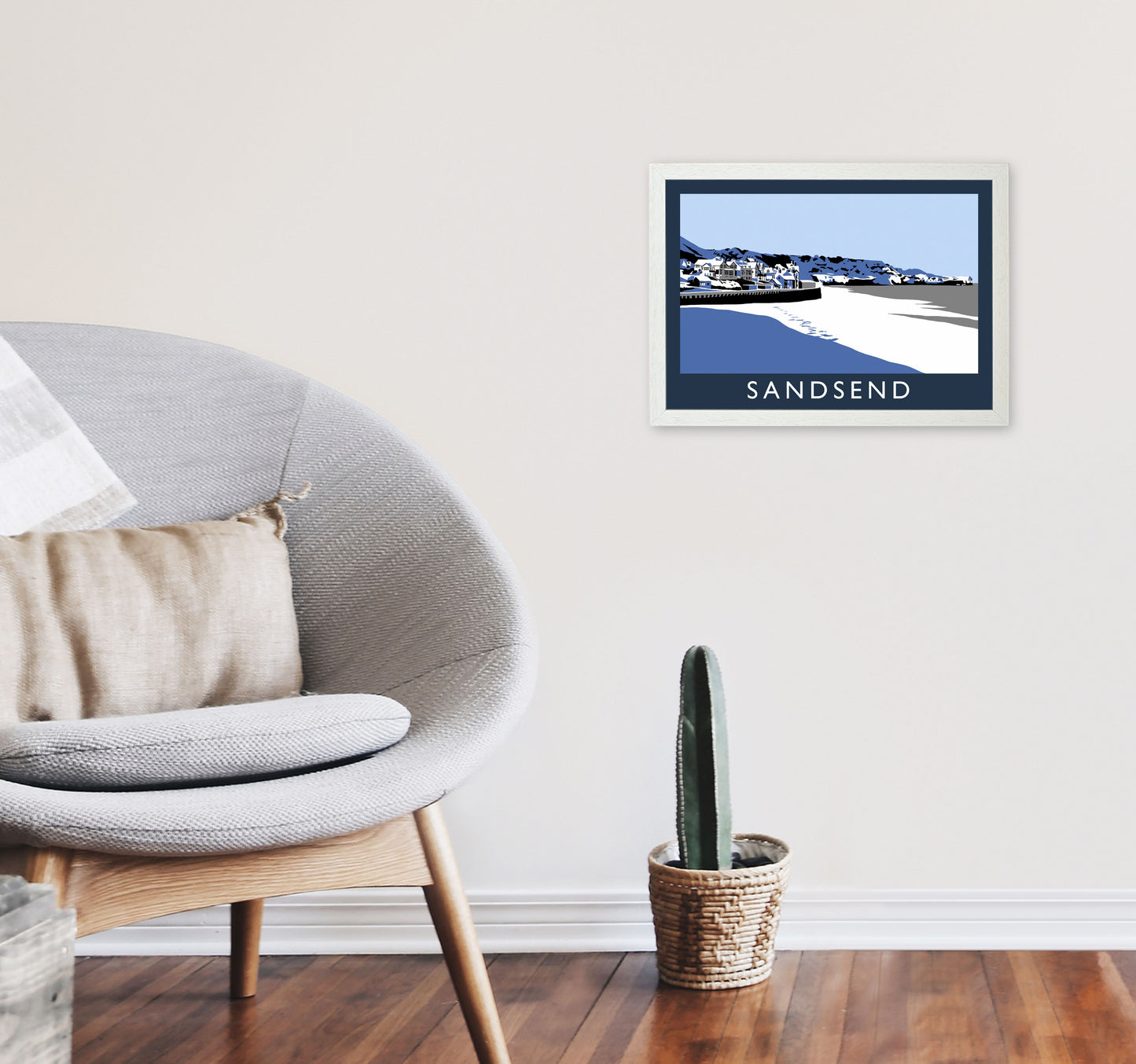 Sandsend In Snow Travel Art Print by Richard O'Neill, Framed Wall Art A3 Oak Frame