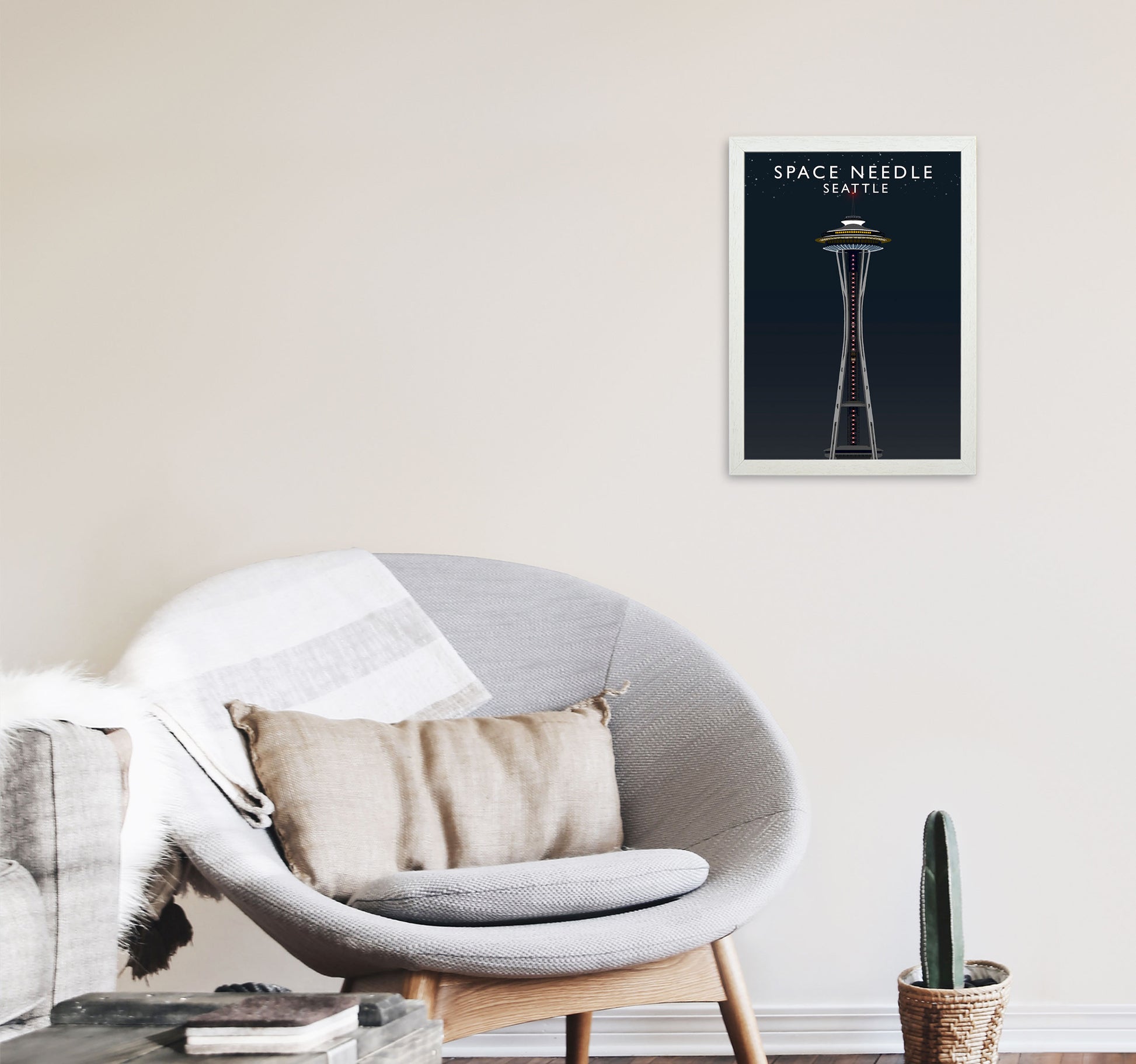 Space Needle Seattle Night Art Print by Richard O'Neill A3 Oak Frame