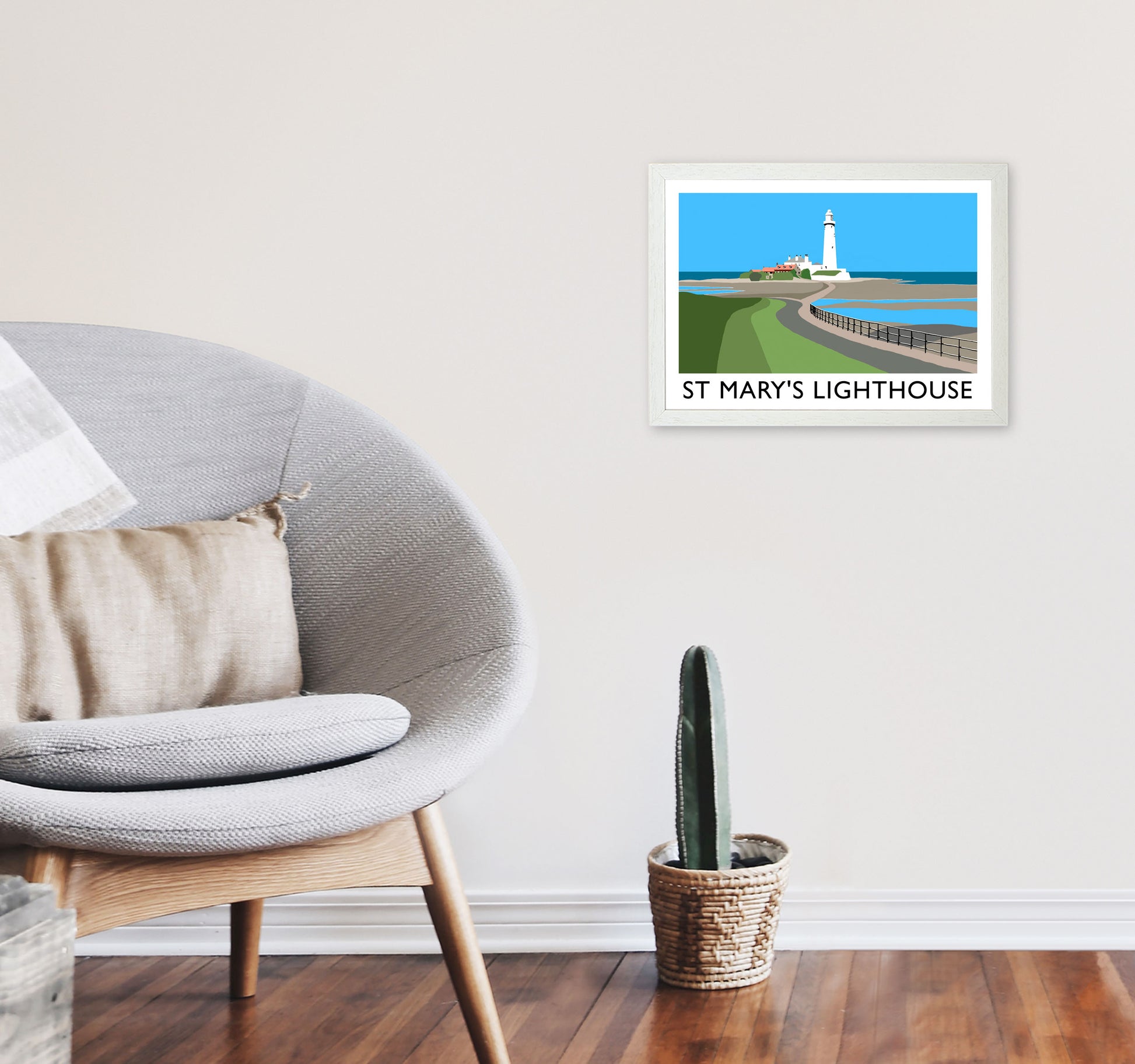 St Mary's Lighthouse Travel Art Print by Richard O'Neill A3 Oak Frame