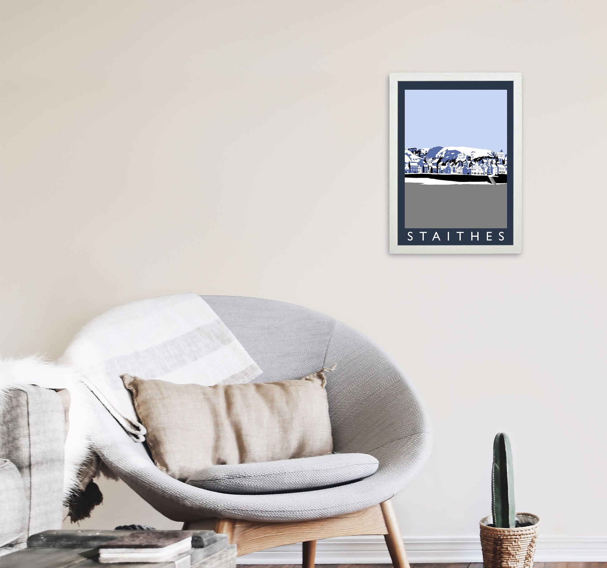 Staithes In Snow PortraitTravel Art Print by Richard O'Neill, Framed Wall Art A3 Oak Frame