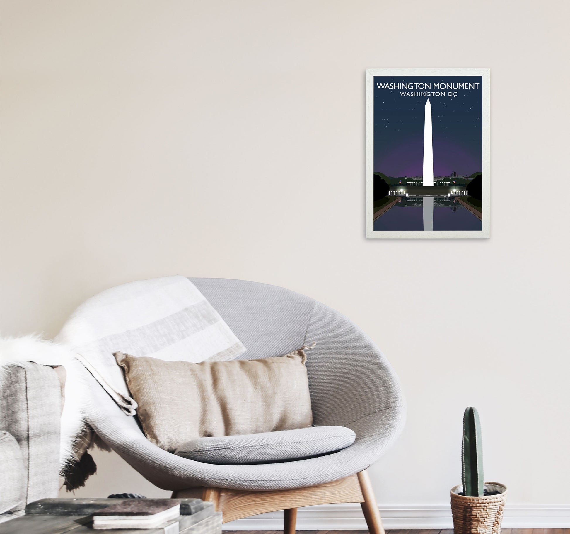 Washington DC Monument Night Travel Art Print by Richard O'Neill A3 Oak Frame