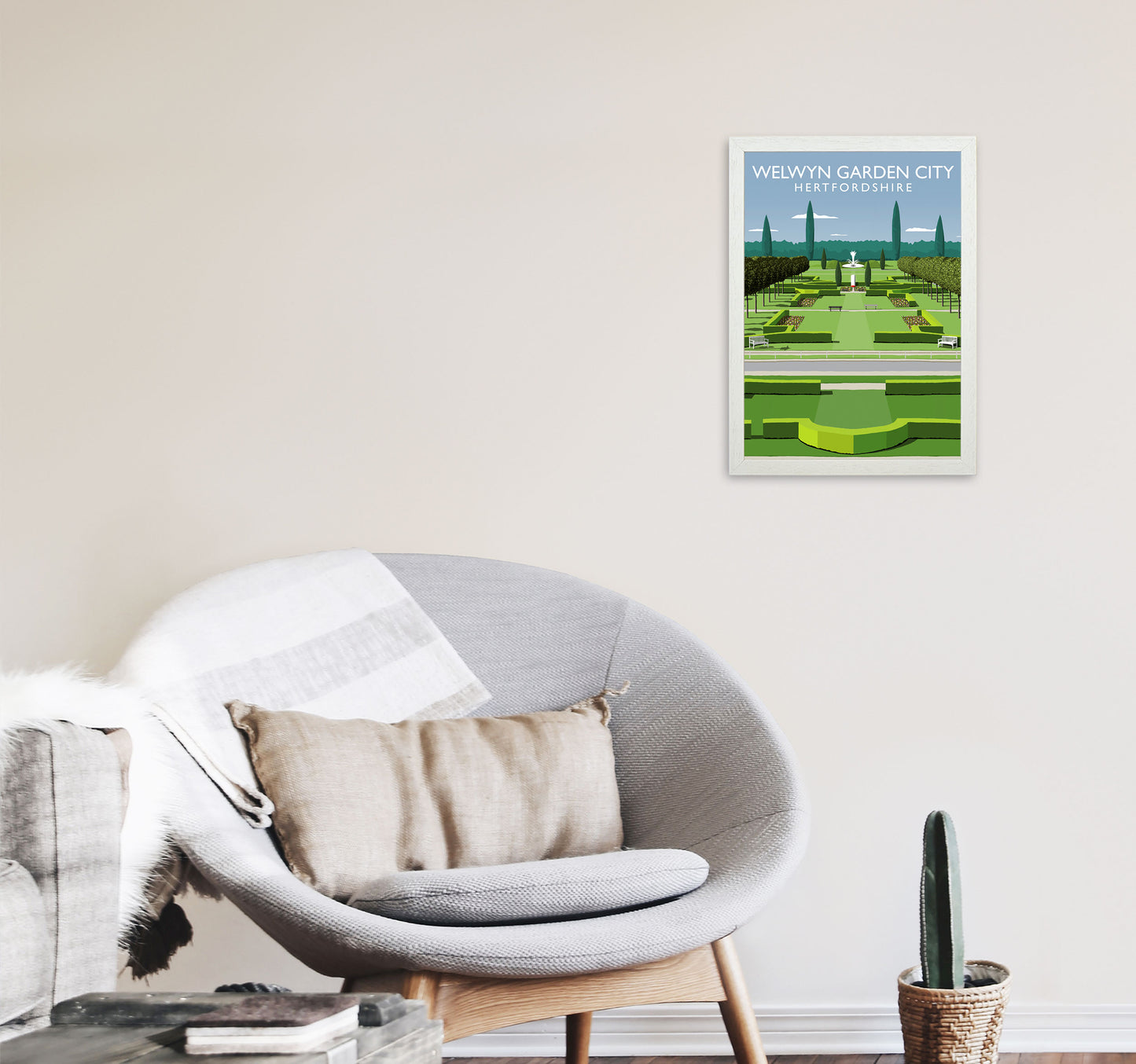 Welwyn Garden City Portrait Hertfordshire Travel Art Print by Richard O'Neill A3 Oak Frame