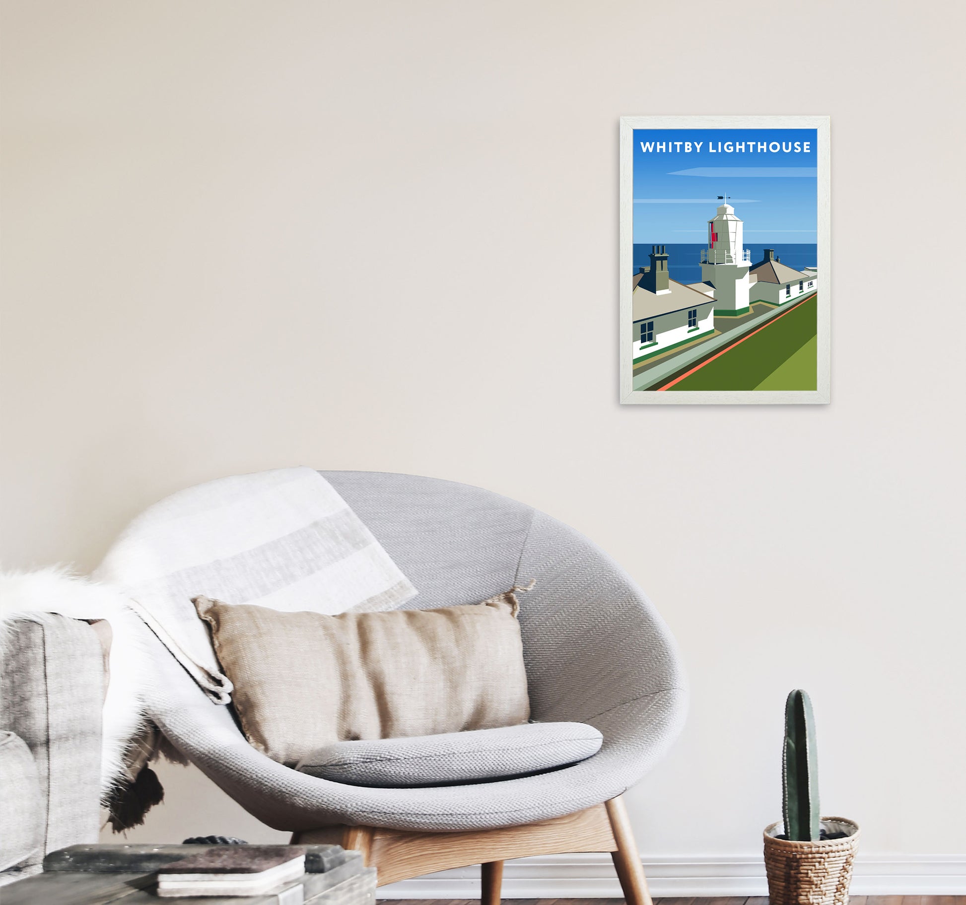 Whitby Lighthouse Travel Art Print by Richard O'Neill, Framed Wall Art A3 Oak Frame