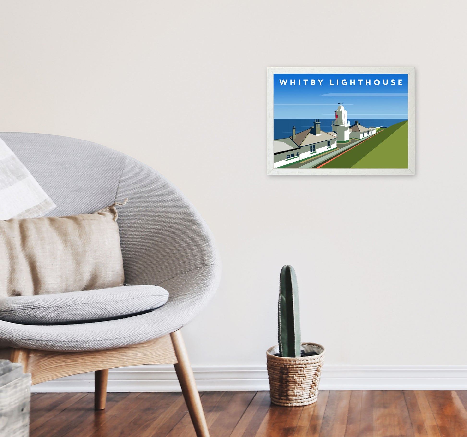 Whitby Lighthouse Digital Art Print by Richard O'Neill, Framed Wall Art A3 Oak Frame