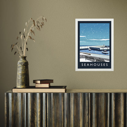 Seahouses (snow) portrait by Richard O'Neill A3 White Frame