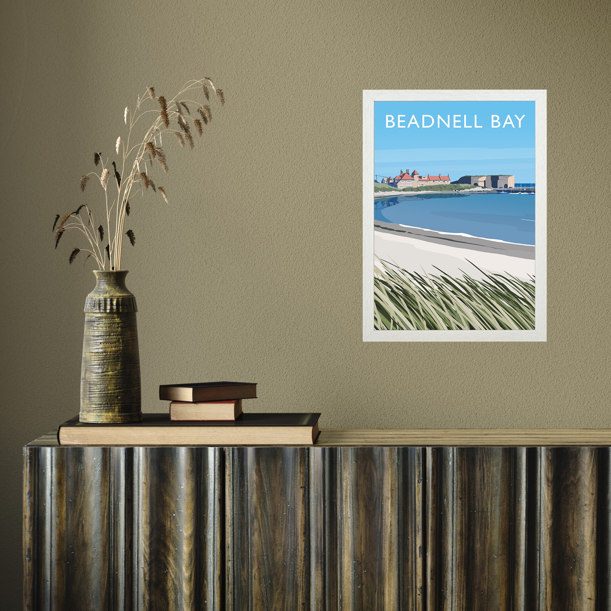 Beadnell Bay portrait by Richard O'Neill A3 White Frame