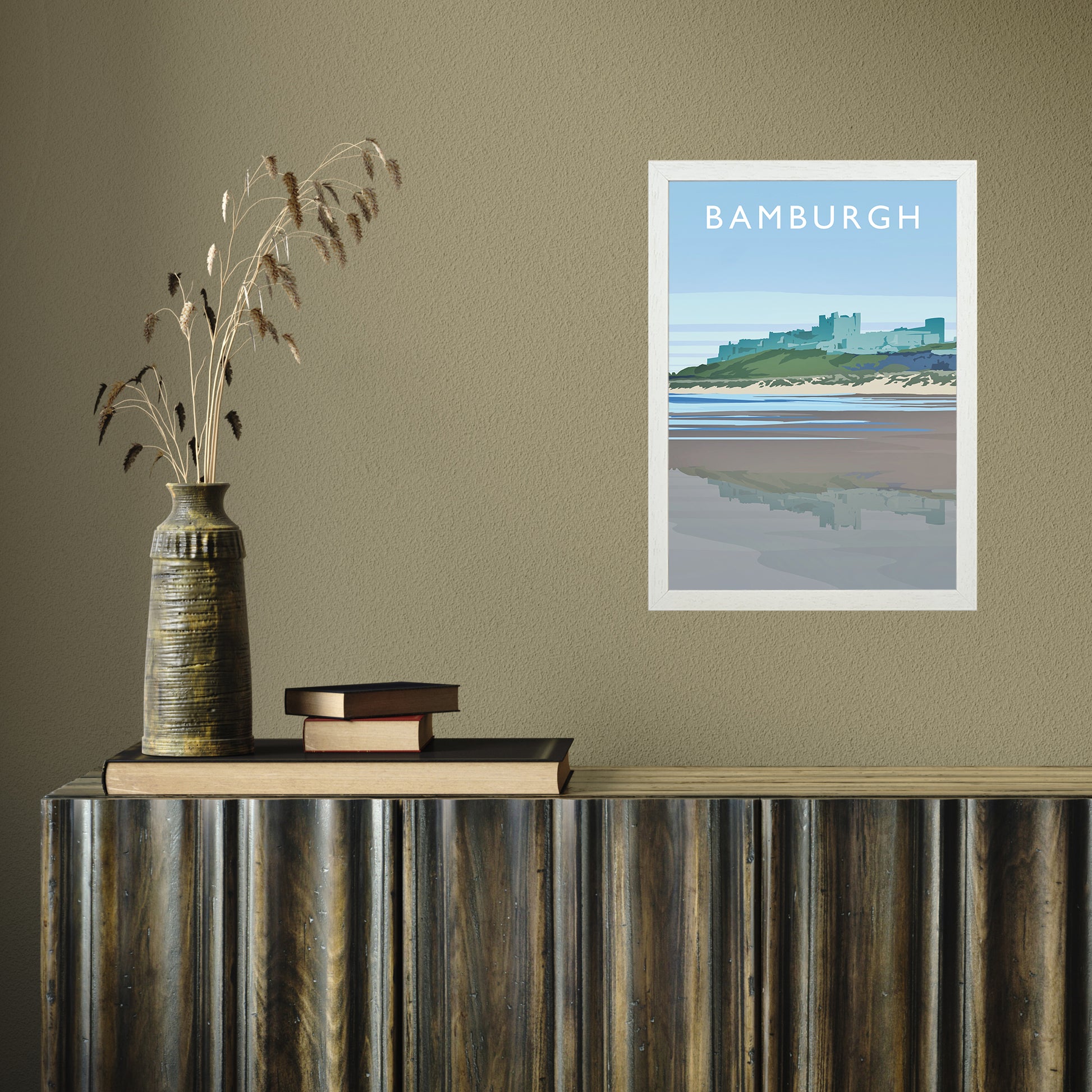 Bamburgh portrait by Richard O'Neill A3 White Frame