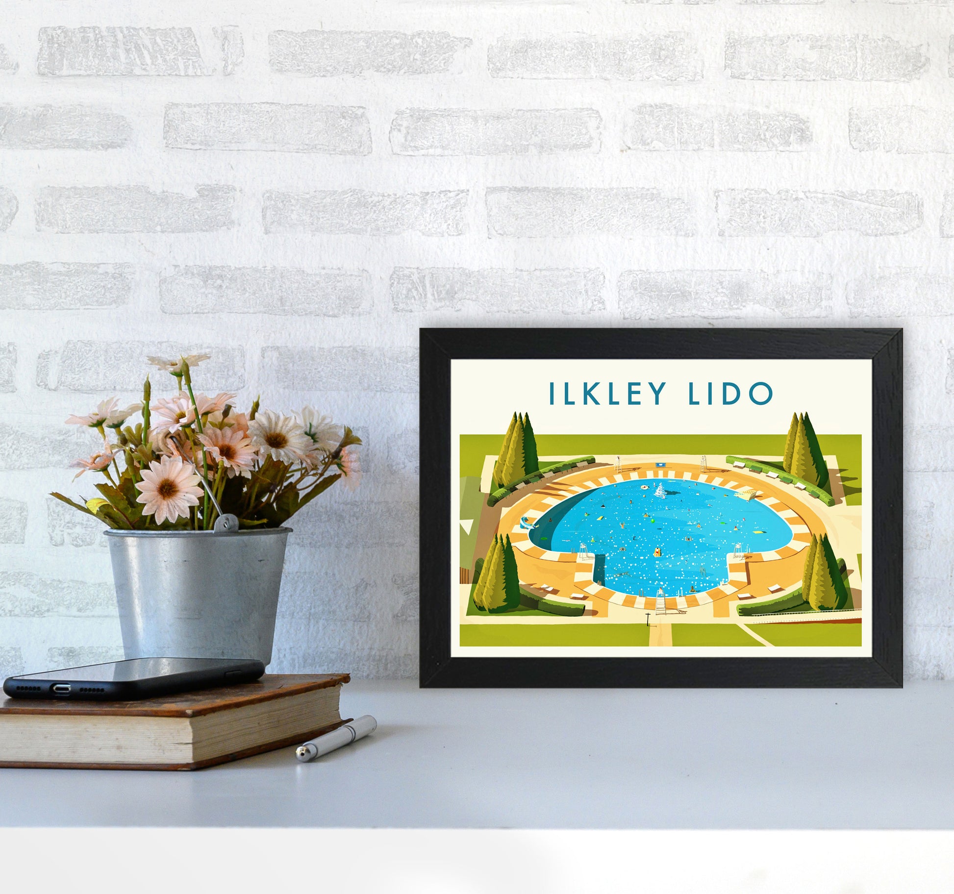 Ilkley Lido Travel Art Print by Richard O'Neill A4 White Frame