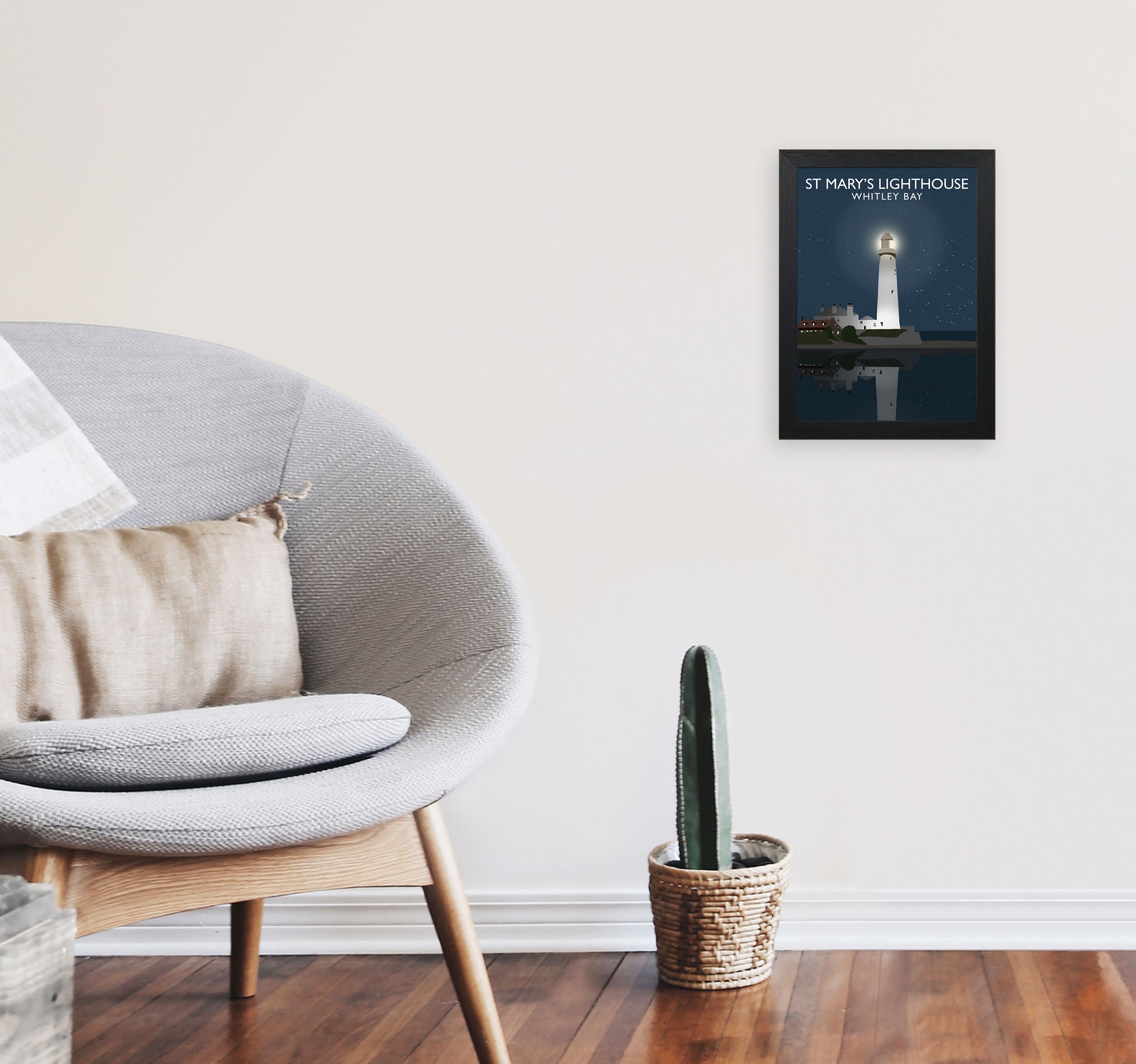 St. Mary's Lighthouse by Richard O'Neill A4 White Frame