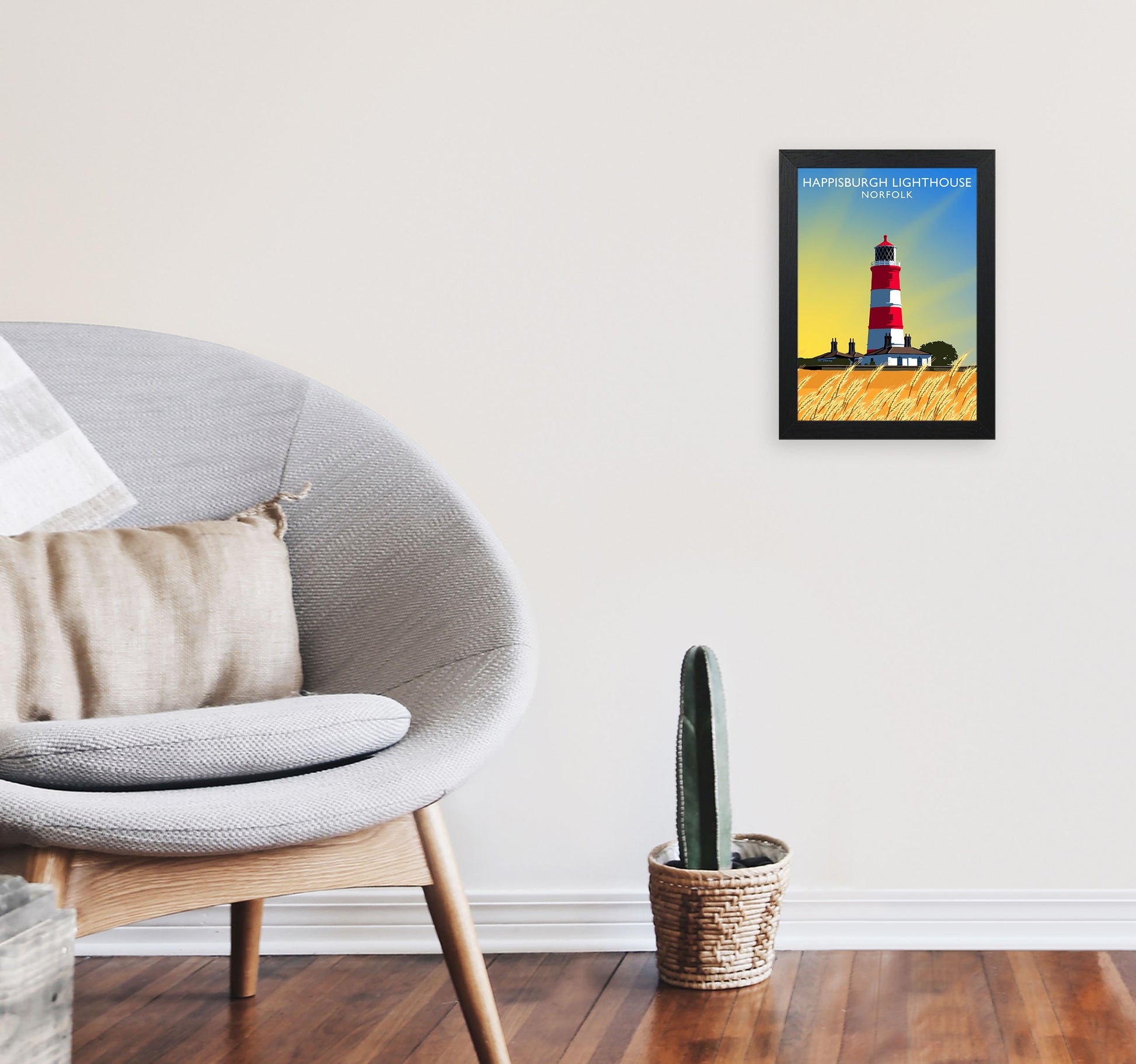 Happisburgh Lighthouse Norfolk Art Print by Richard O'Neill A4 White Frame