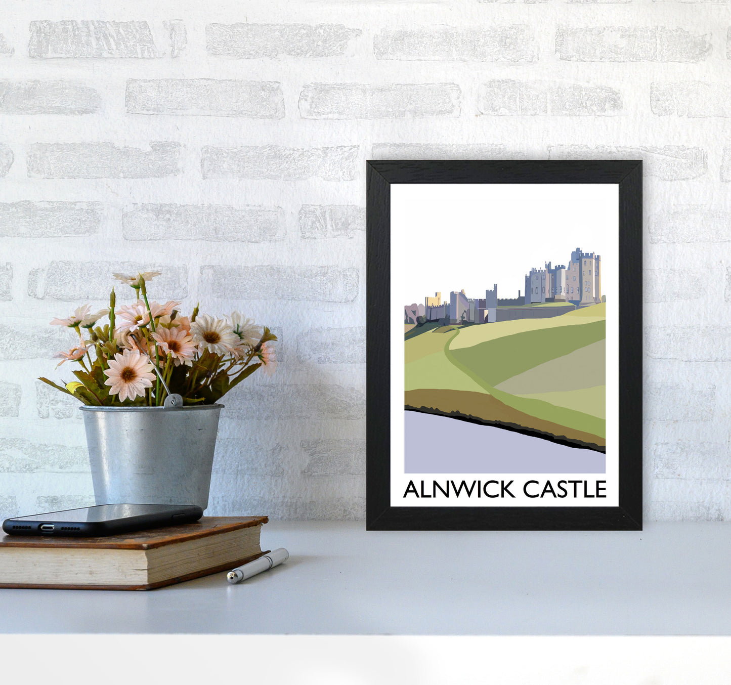 Alnwick Castle Portrait by Richard O'Neill A4 White Frame