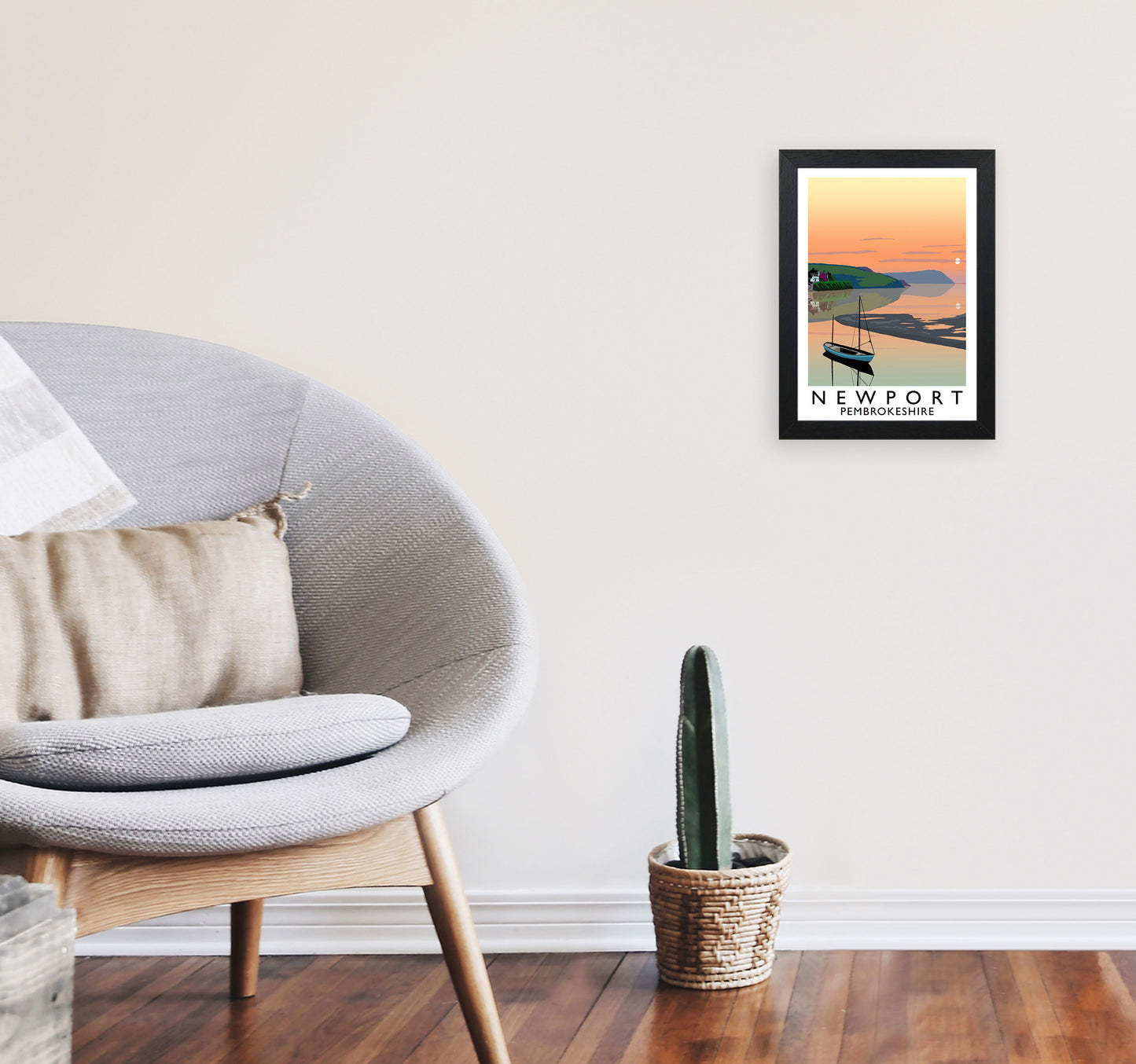 Newport Pembrokeshire Travel Art Print by Richard O'Neill, Framed Wall Art A4 White Frame