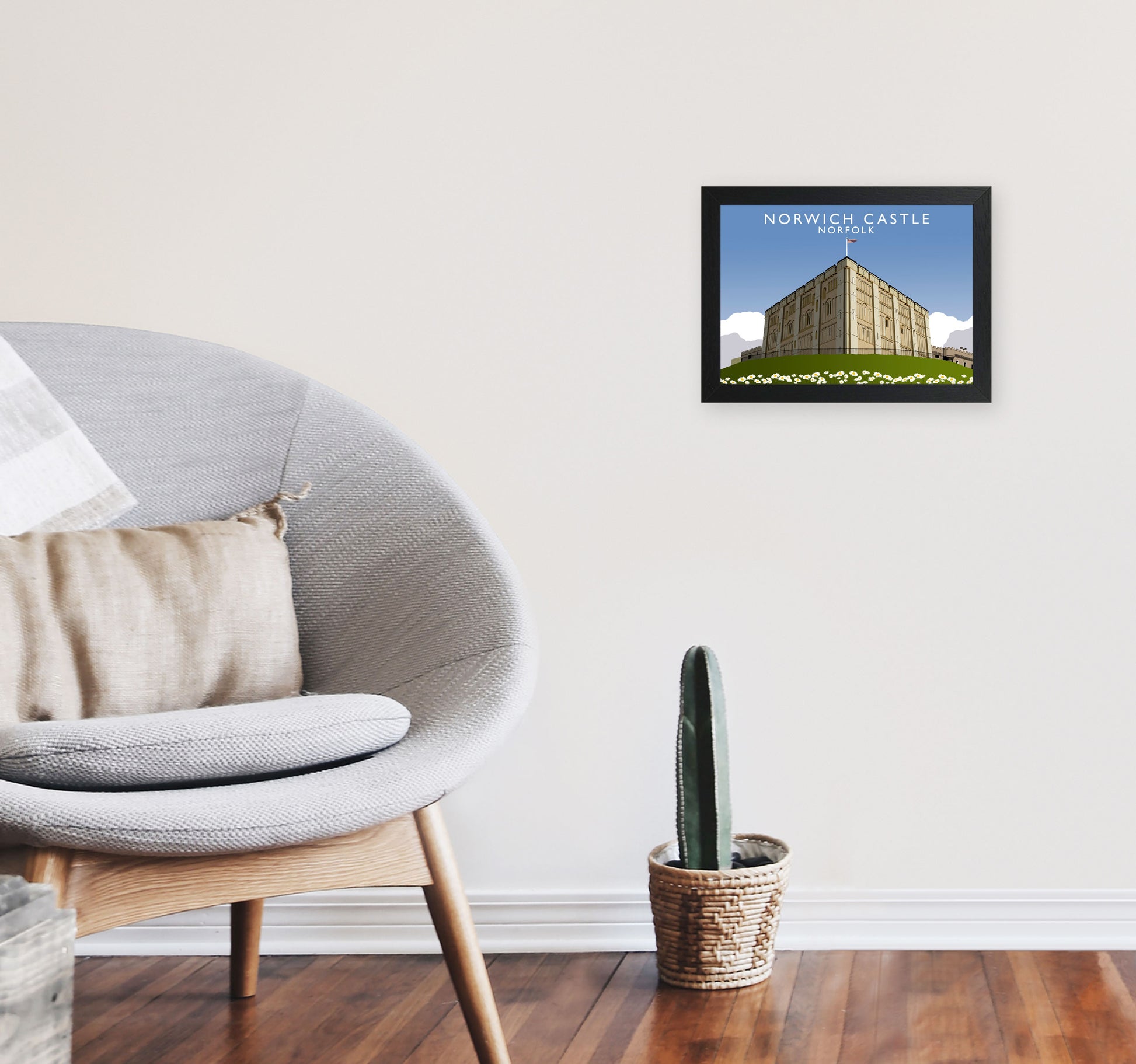 Norwich Castle Norfolk Travel Art Print by Richard O'Neill, Framed Wall Art A4 White Frame