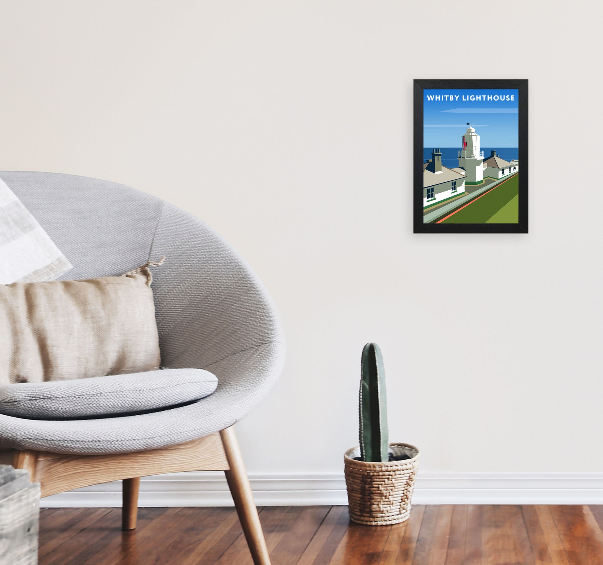 Whitby Lighthouse Travel Art Print by Richard O'Neill, Framed Wall Art A4 White Frame