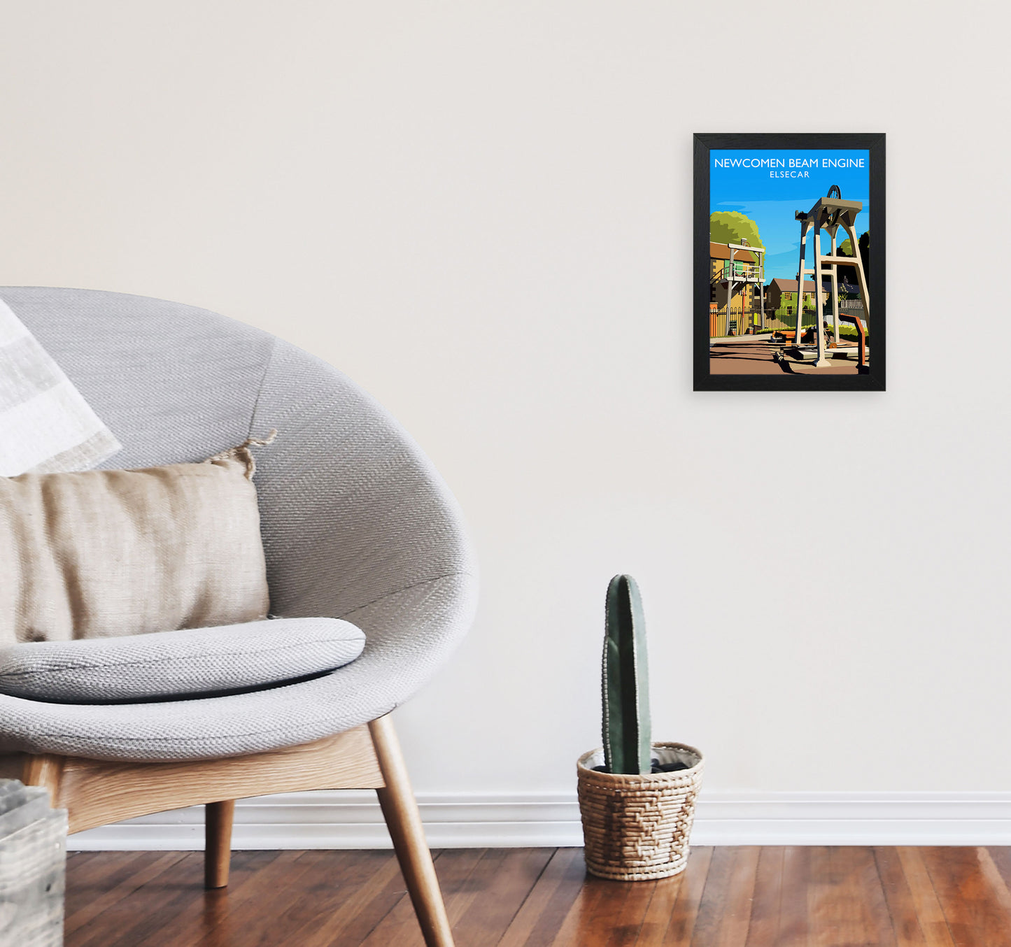 Newcomen Beam Engine portrait by Richard O'Neill A4 White Frame