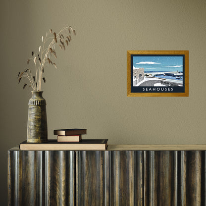 Seahouses (snow) by Richard O'Neill A4 Oak Frame