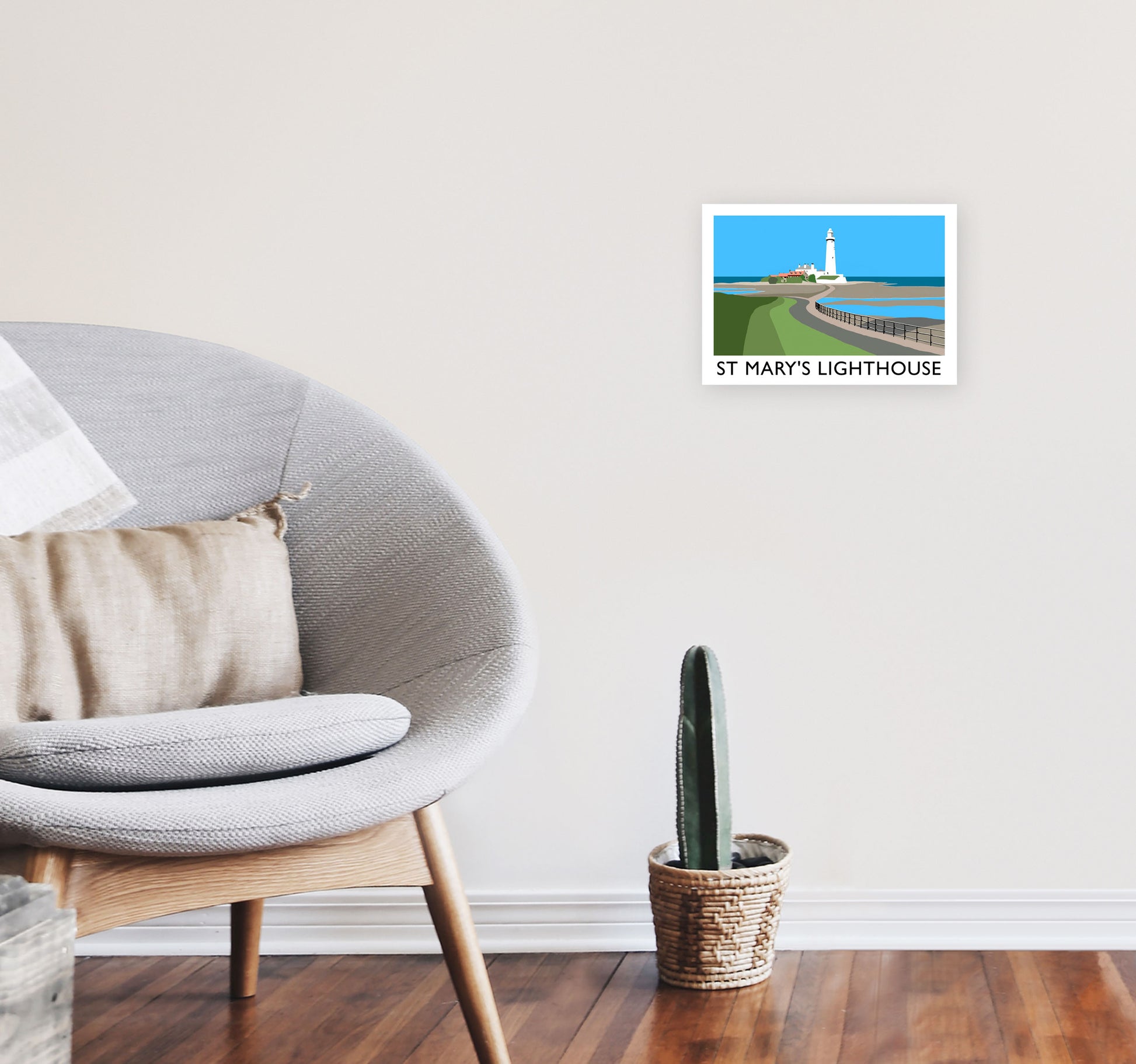 St Mary's Lighthouse Travel Art Print by Richard O'Neill A4 Black Frame