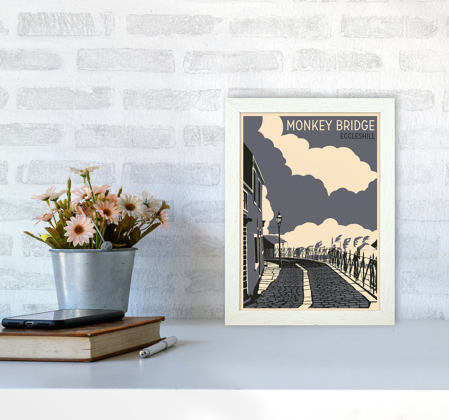 Monkey Bridge, Eccleshill Travel Art Print by Richard O'Neill A4 Oak Frame