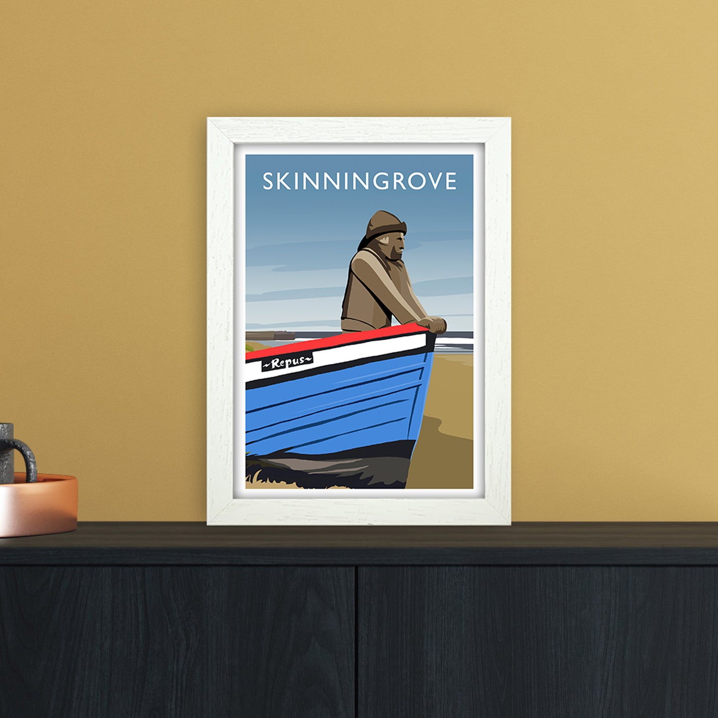 Skinningrove Portrait Travel Art Print by Richard O'Neill A4 Oak Frame