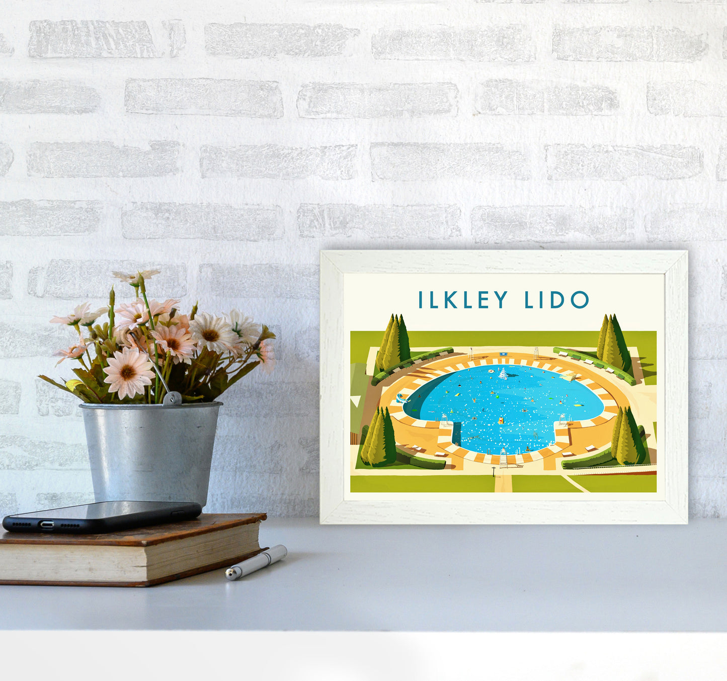 Ilkley Lido Travel Art Print by Richard O'Neill A4 Oak Frame