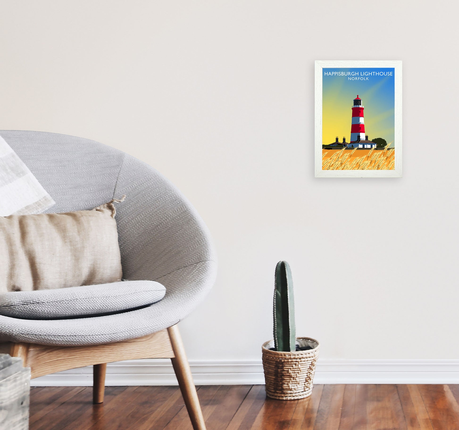 Happisburgh Lighthouse Norfolk Art Print by Richard O'Neill A4 Oak Frame