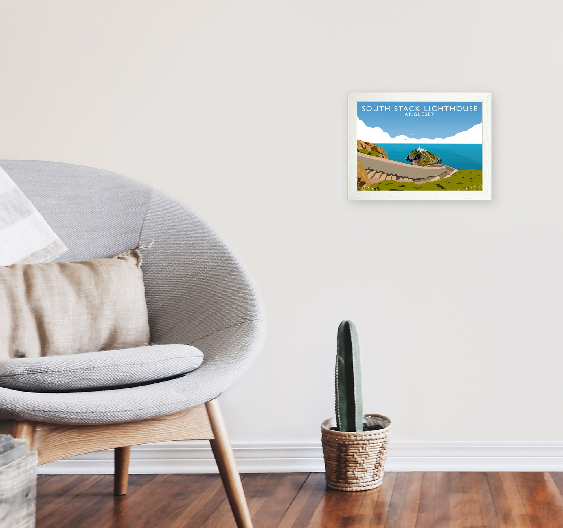 South Stack Lighthouse Anglesey Art Print by Richard O'Neill A4 Oak Frame