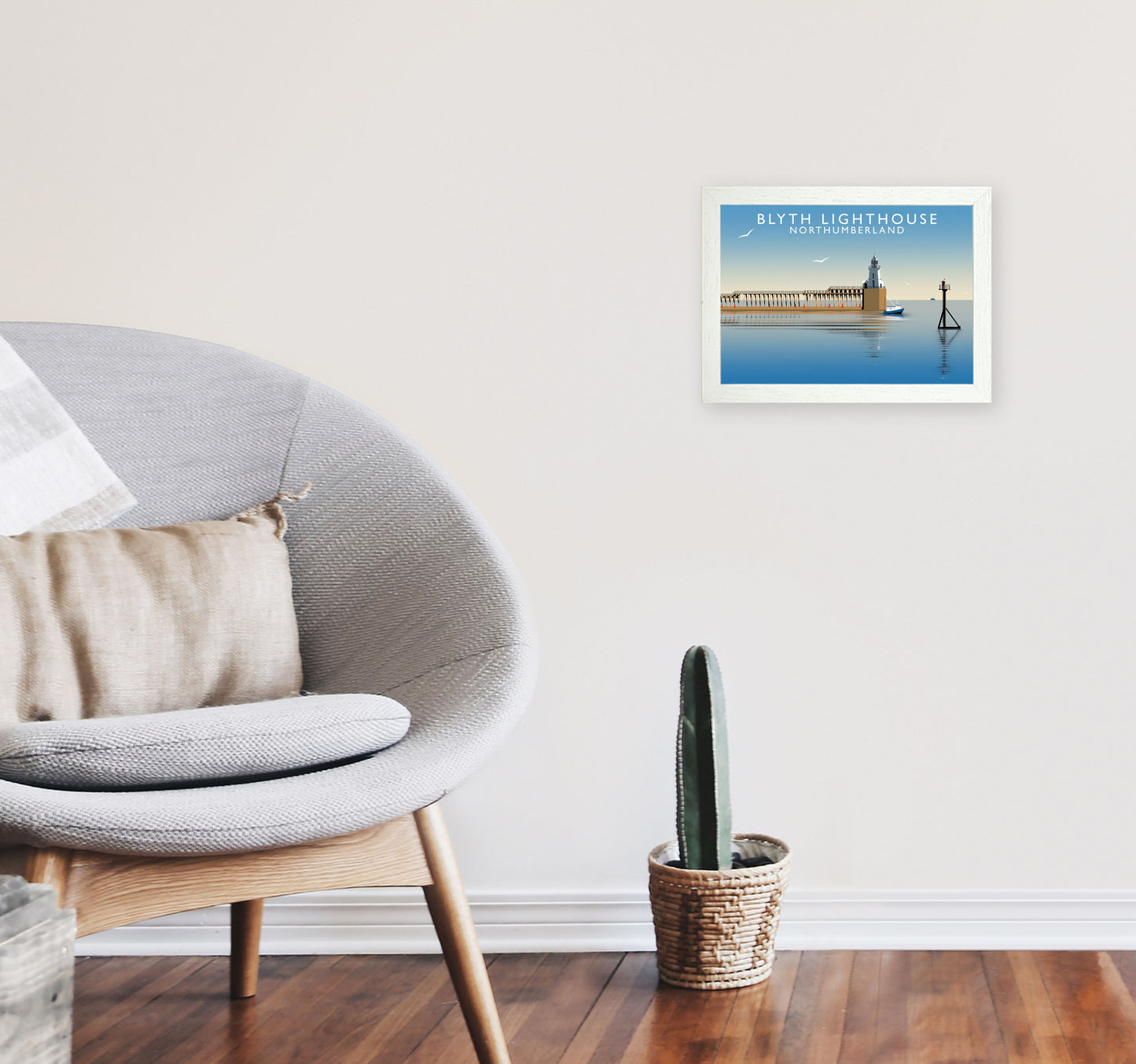 Blyth Lighthouse Northumberland Framed Digital Art Print by Richard O'Neill A4 Oak Frame