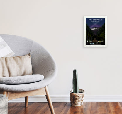 Hollywood Night California Travel Art Print by Richard O'Neill, Framed Wall Art A4 Oak Frame