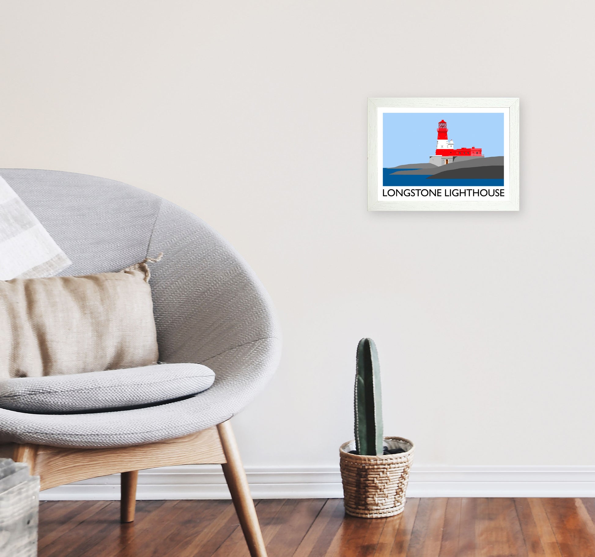 Longstone Lighthouse Travel Art Print by Richard O'Neill, Framed Wall Art A4 Oak Frame