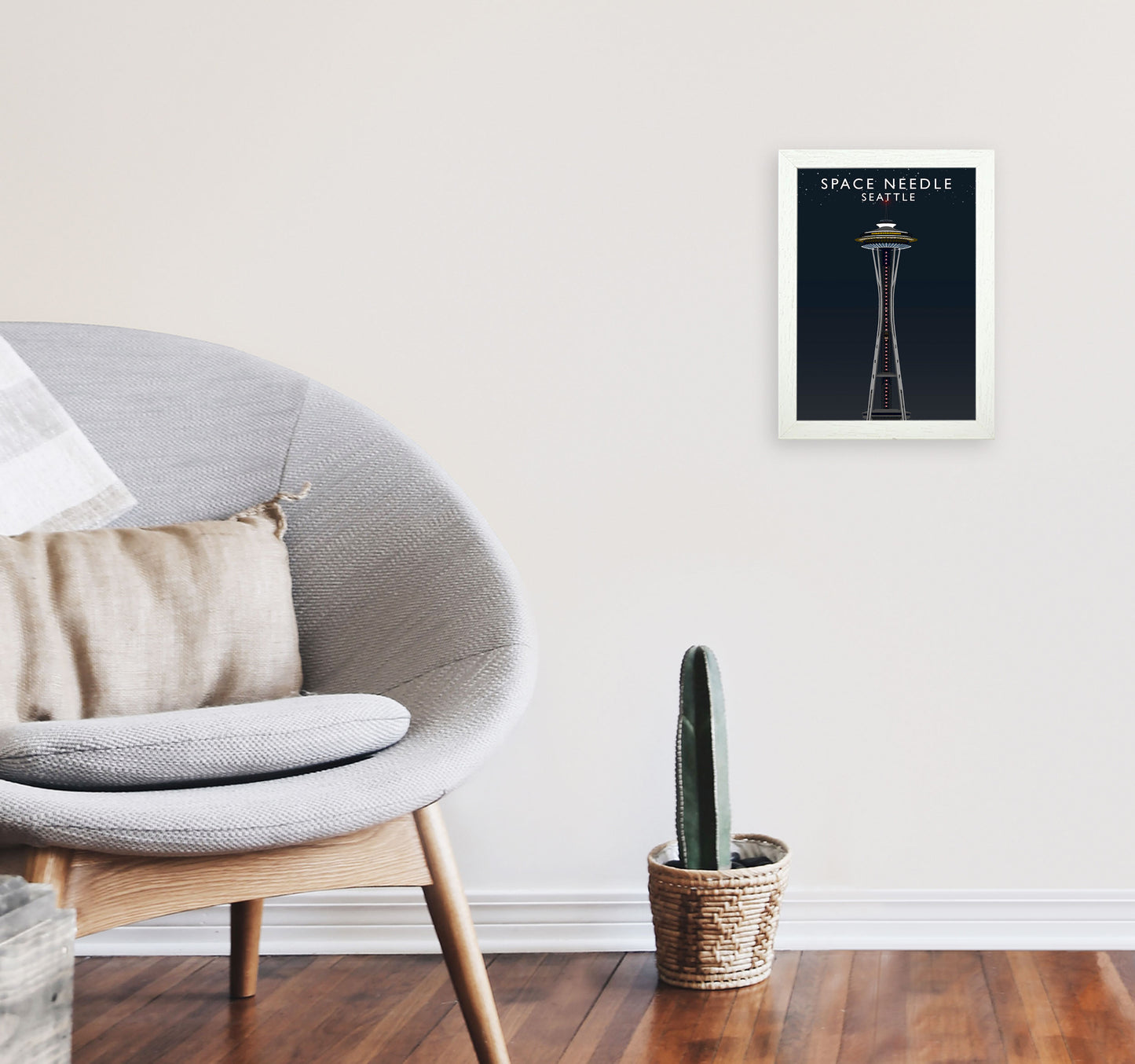 Space Needle Seattle Night Art Print by Richard O'Neill A4 Oak Frame