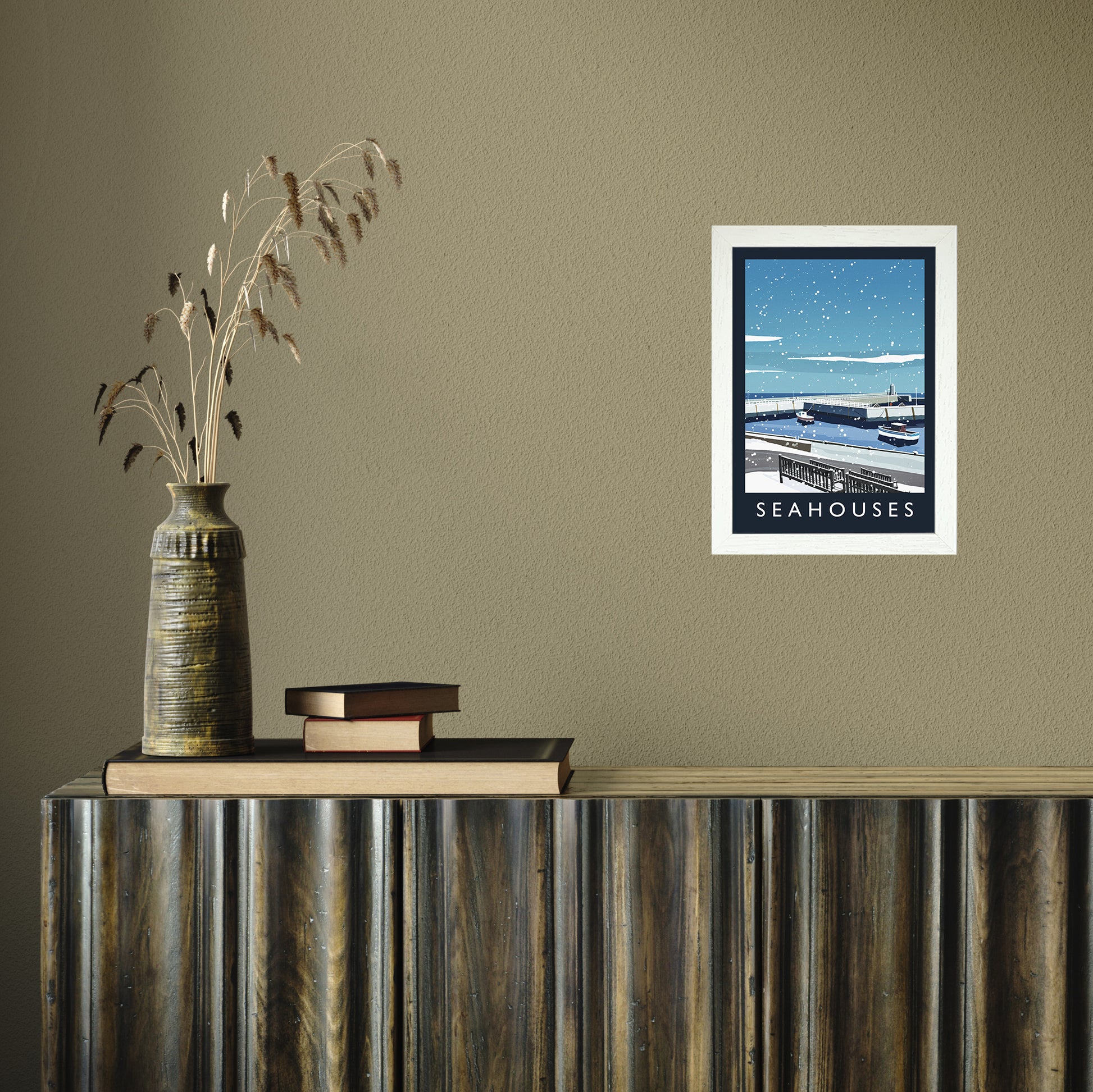 Seahouses (snow) portrait by Richard O'Neill A4 White Frame